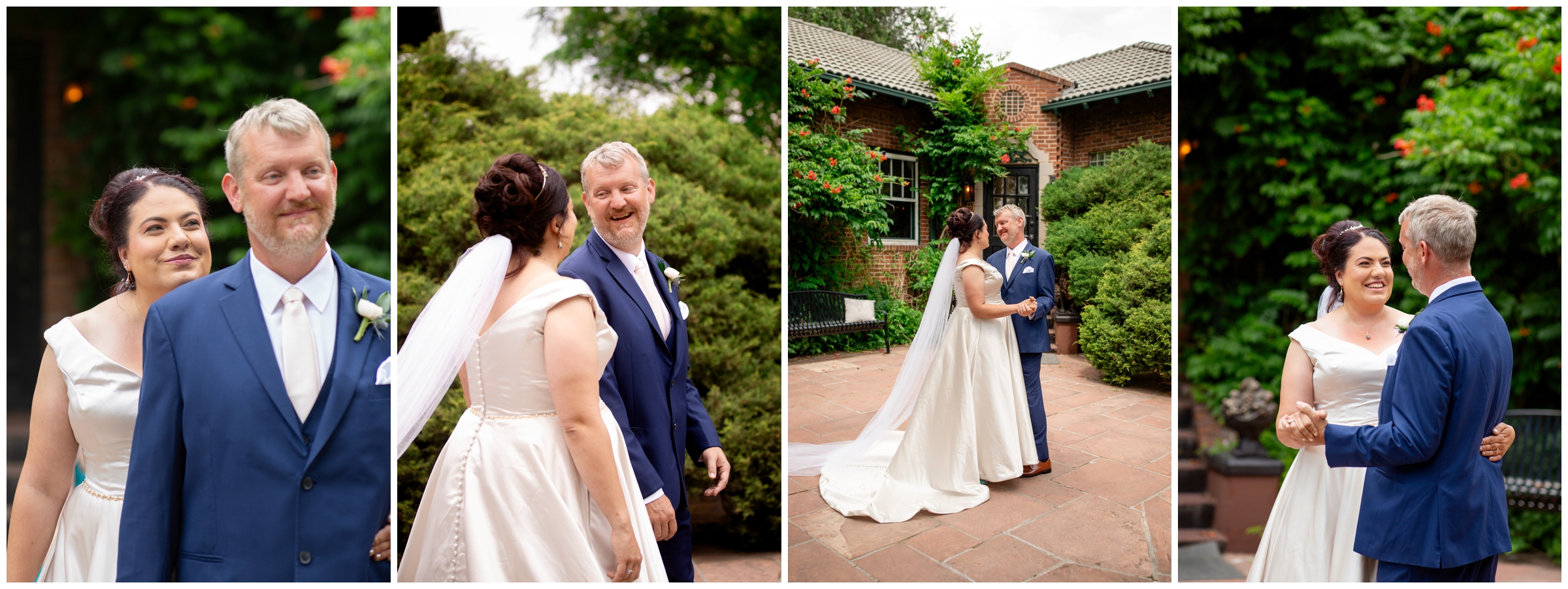 bride and groom first look during summer wedding at Dove House at Lionsgate event center 