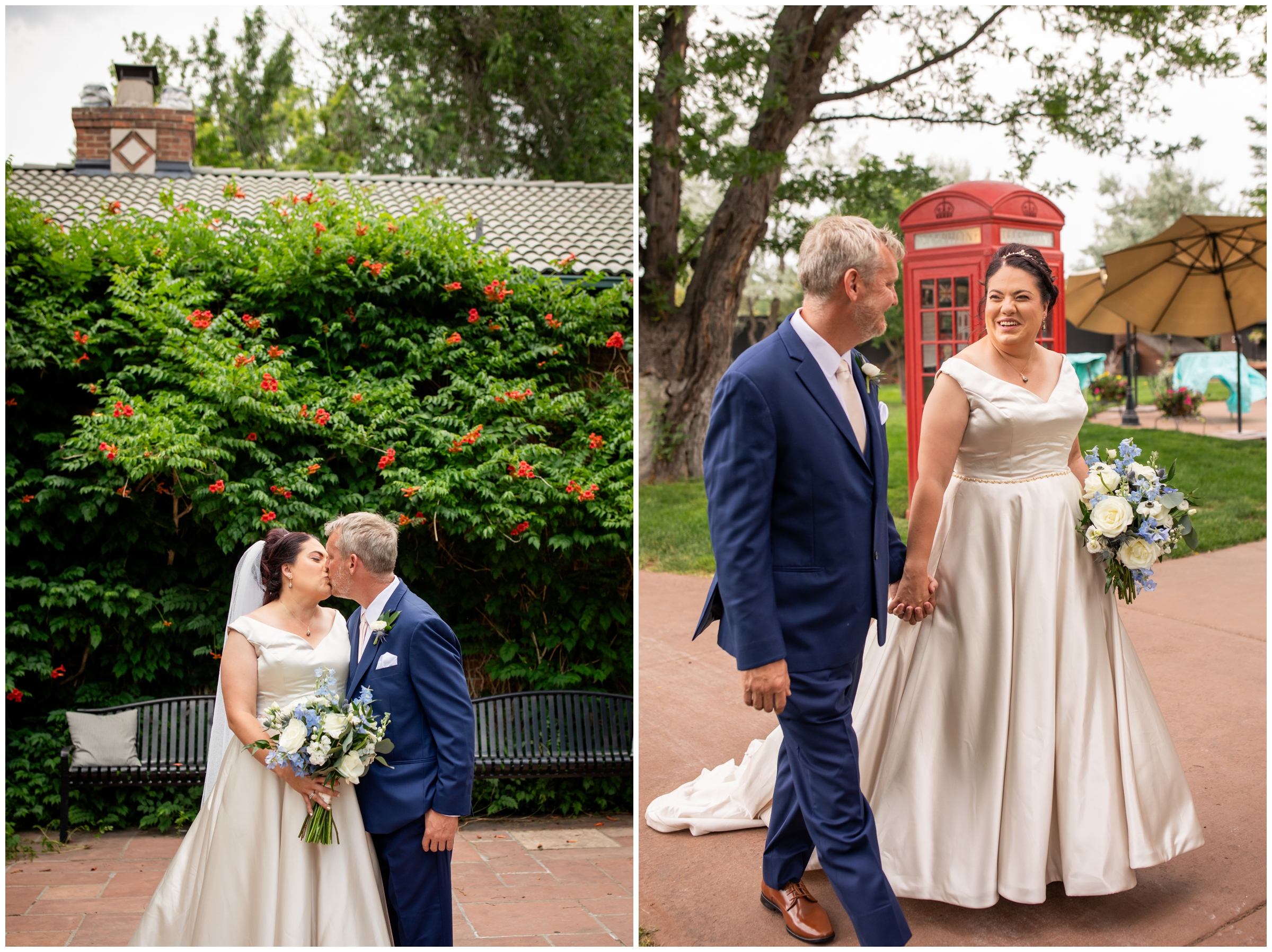 couple walking in front of phone booth during Dove House and Chandelier Barn Colorado wedding pictures by Plum Pretty Photography 