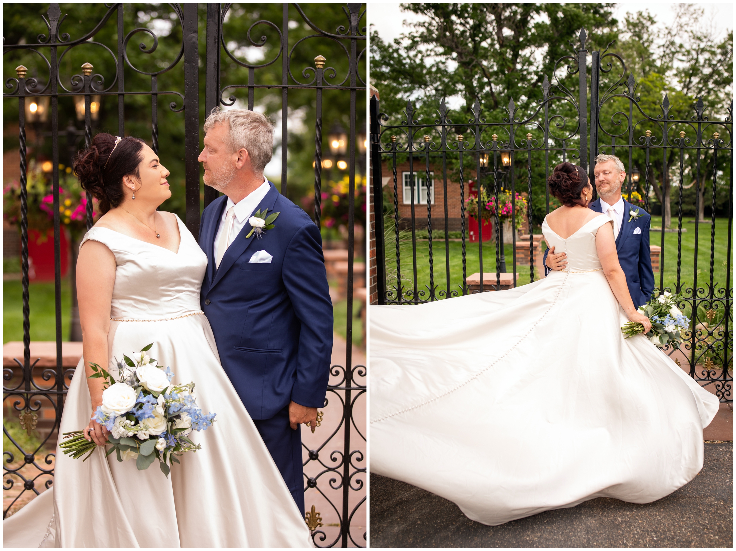 couple posing in front of wrought iron gate during Colorado summer wedding at Dove House and Chandelier Barn