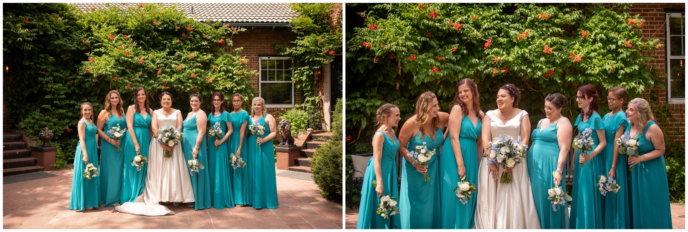 bridesmaids in aqua blue dresses posing in front of dove house during Colorado summer wedding photos 