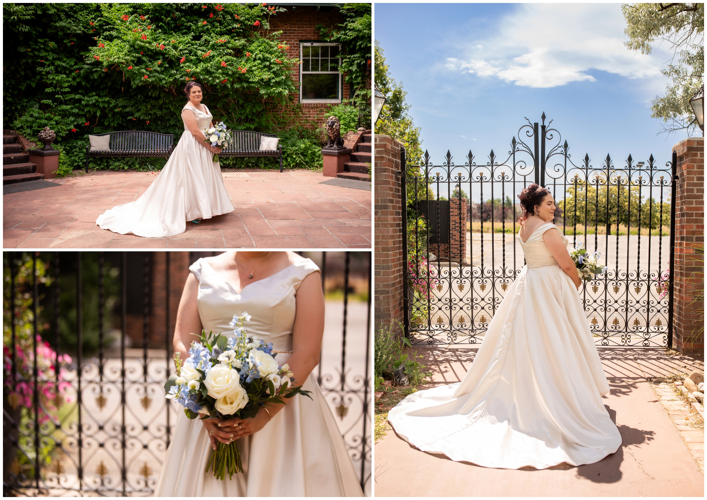 bride posing in front of wrought iron gates during Colorado Lionsgate Event Center wedding by Plum Pretty Photography 