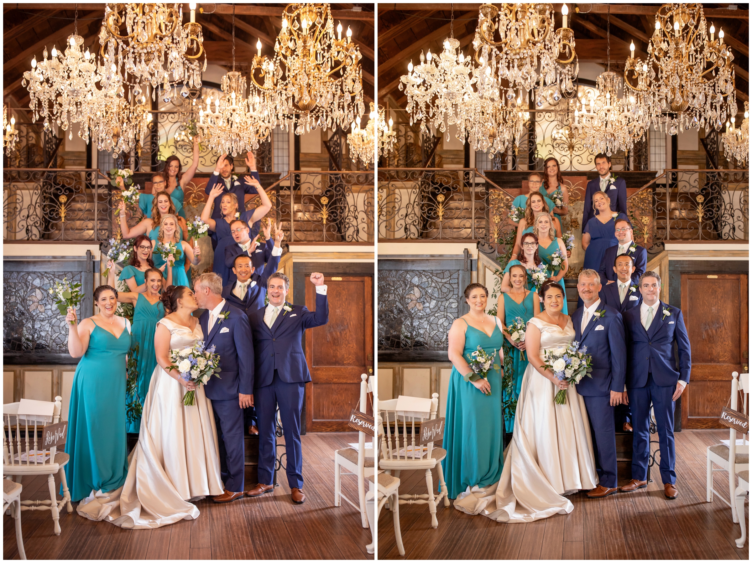 wedding party in aqua and navy blue posing on stairs in the Chandelier Barn during Colorado Lionsgate Event Center wedding pictures 