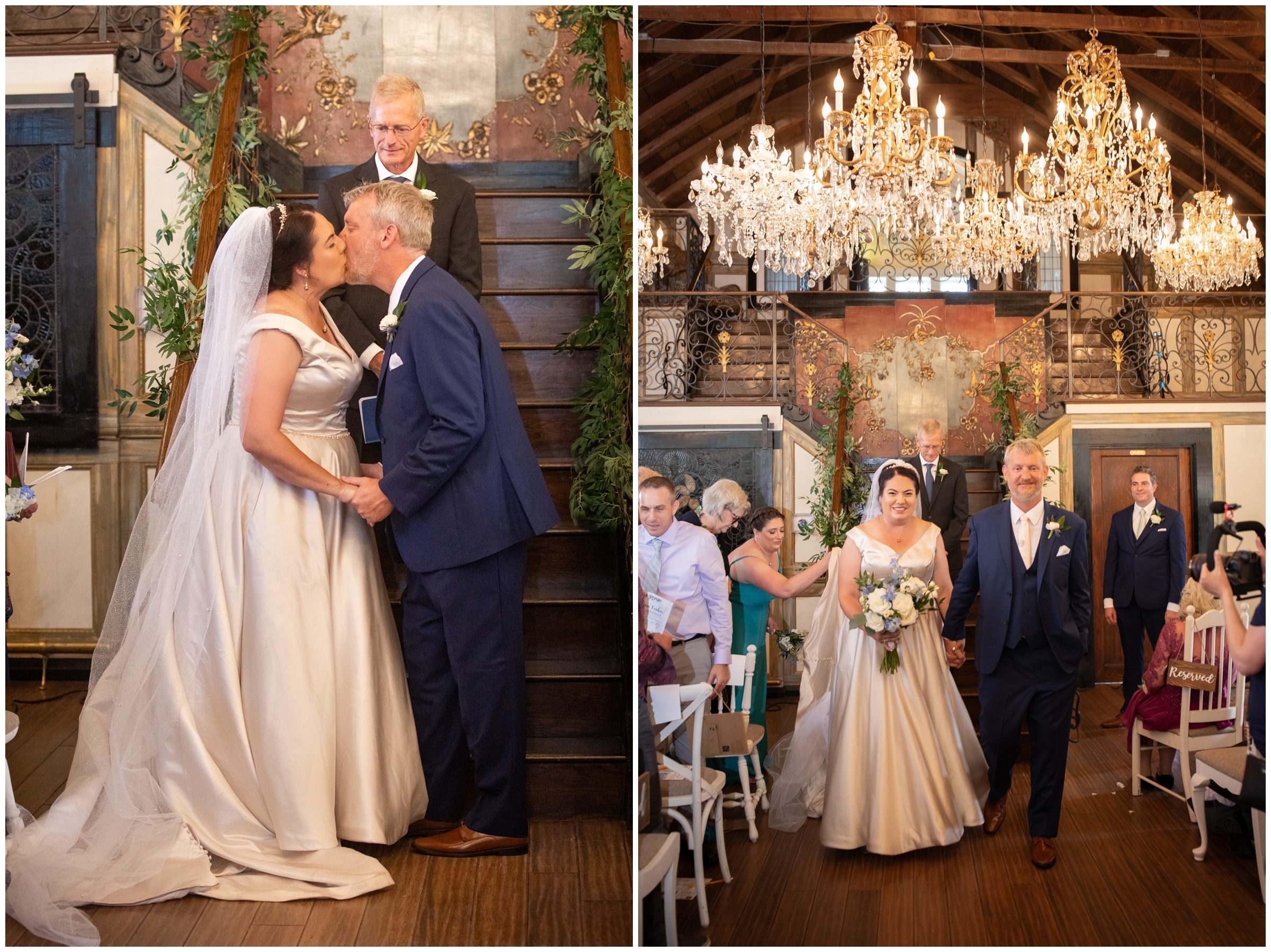first kiss during chandelier barn Colorado wedding ceremony during summer 
