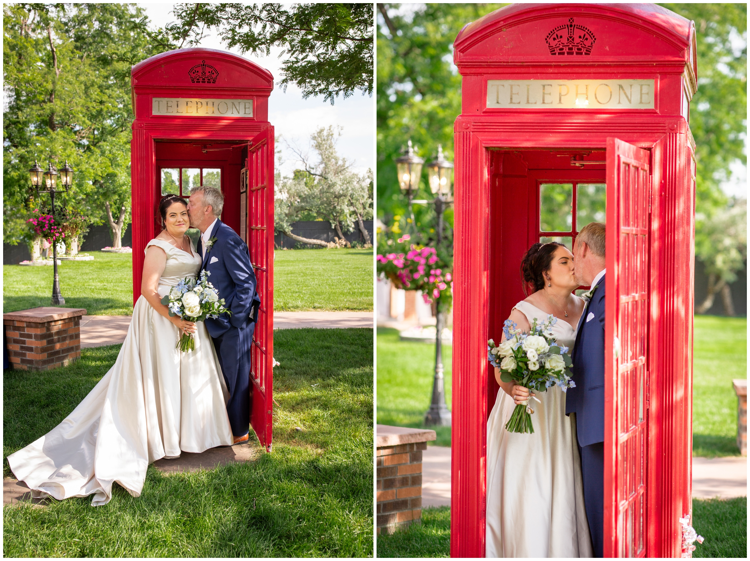 couple kissing in phone booth after wedding at the Chandelier Barn at Lionsgate Event Center