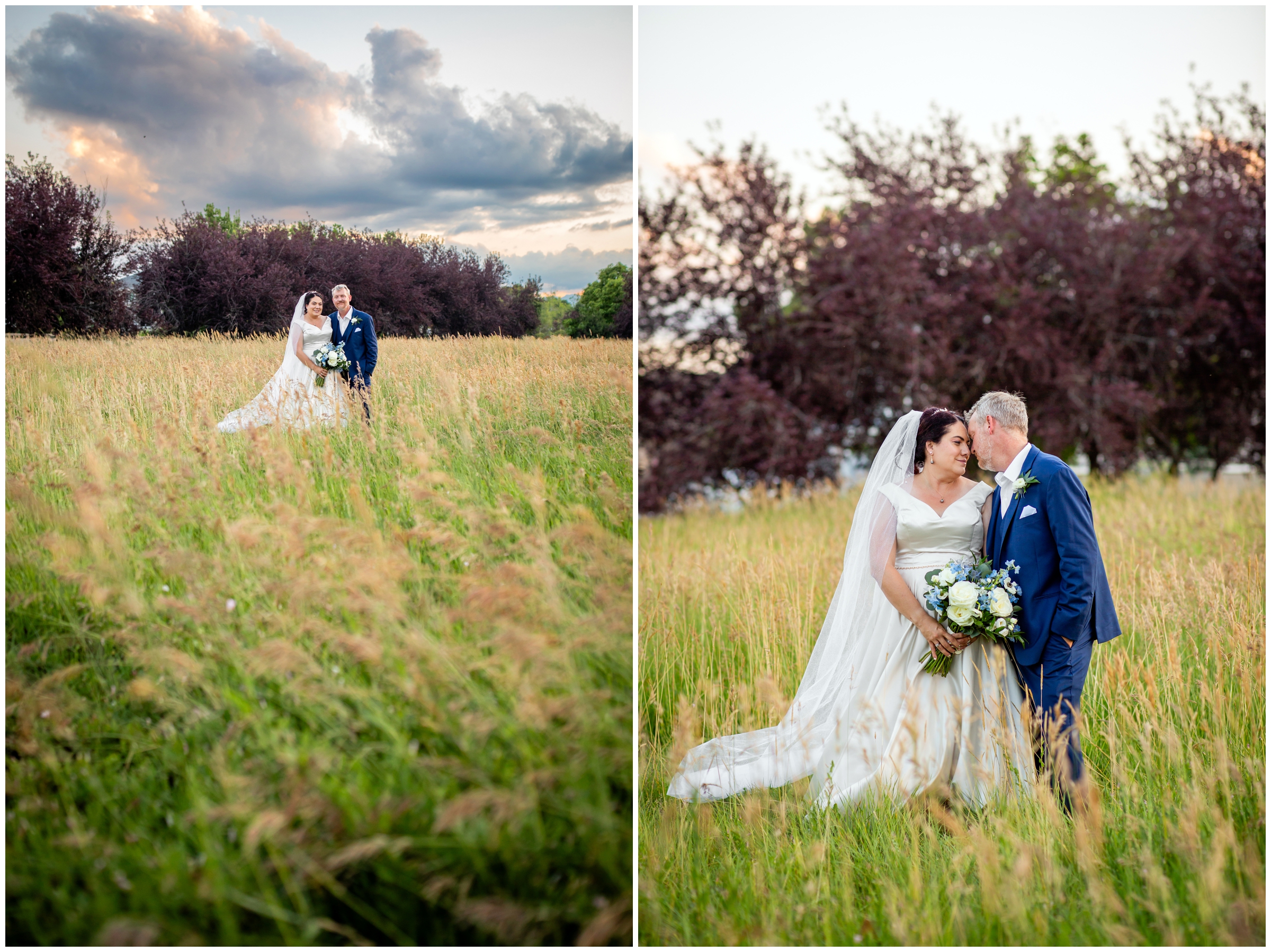 couple posing in open field at sunset after Chandelier Barn and Dove House wedding 