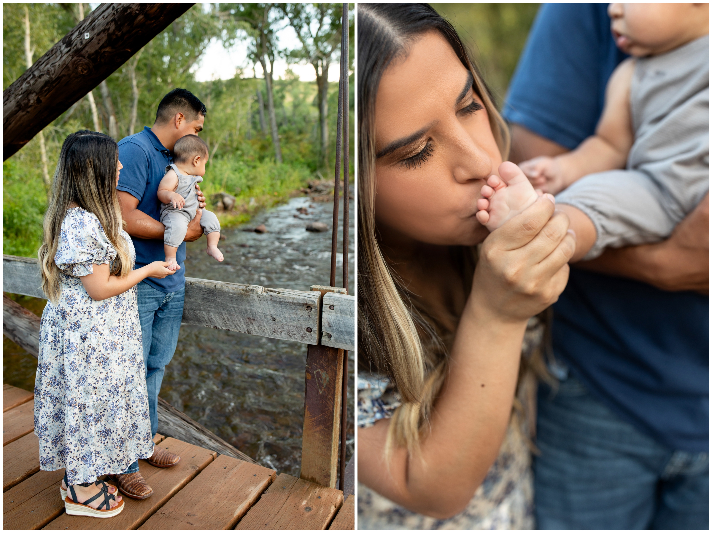 couple holding baby on bridge during Boulder family portraits during summer in colorado 