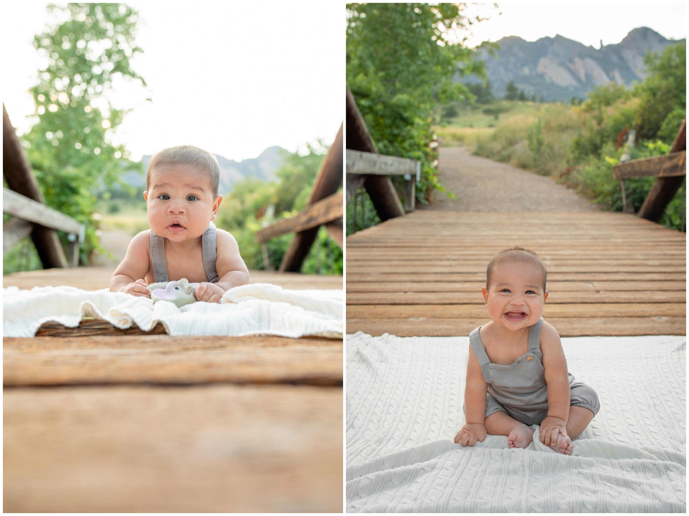 baby sitting on wooden bridge during Colorado photography session at South Mesa Trail