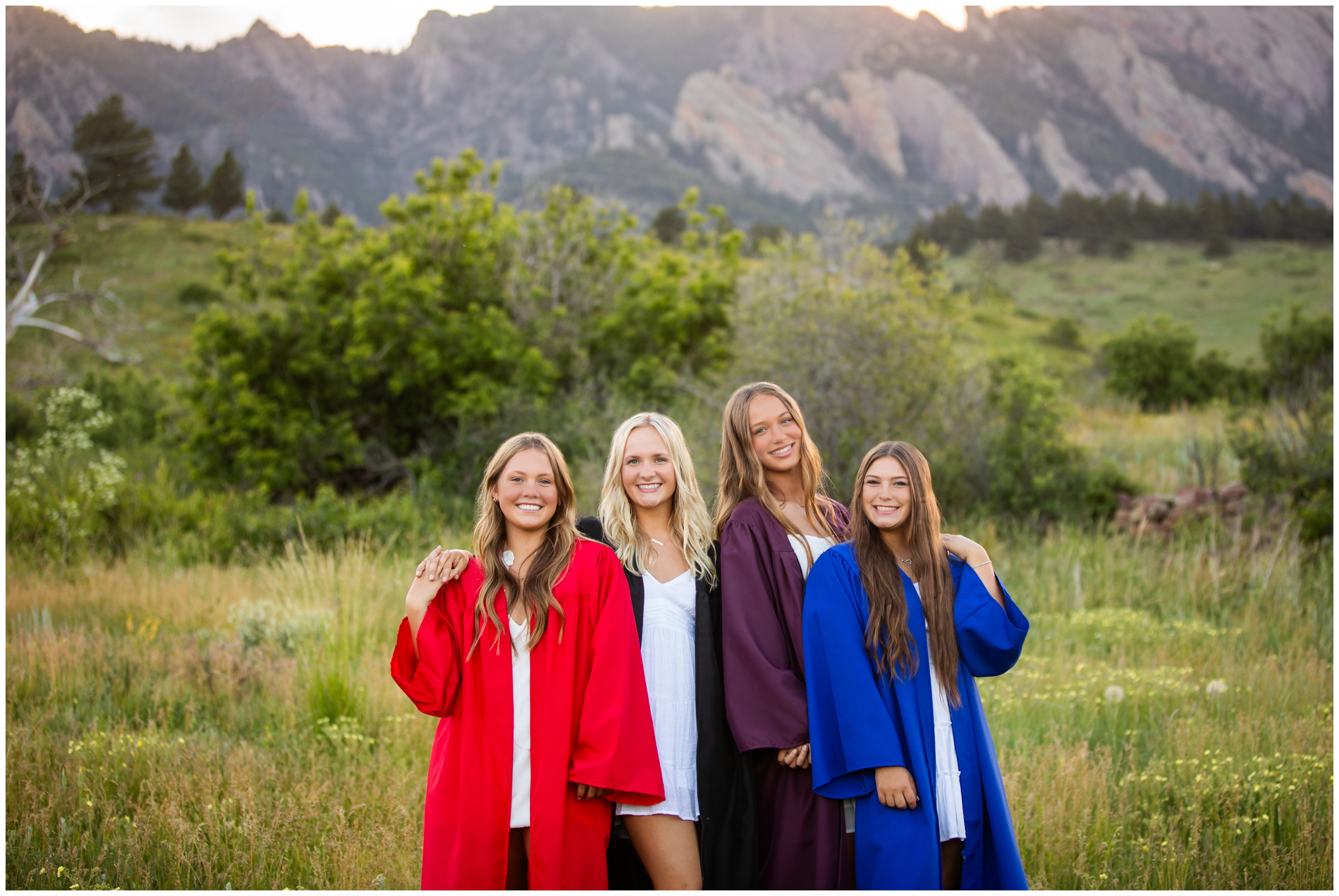 group senior session with caps and gowns at South Mesa in Boulder 