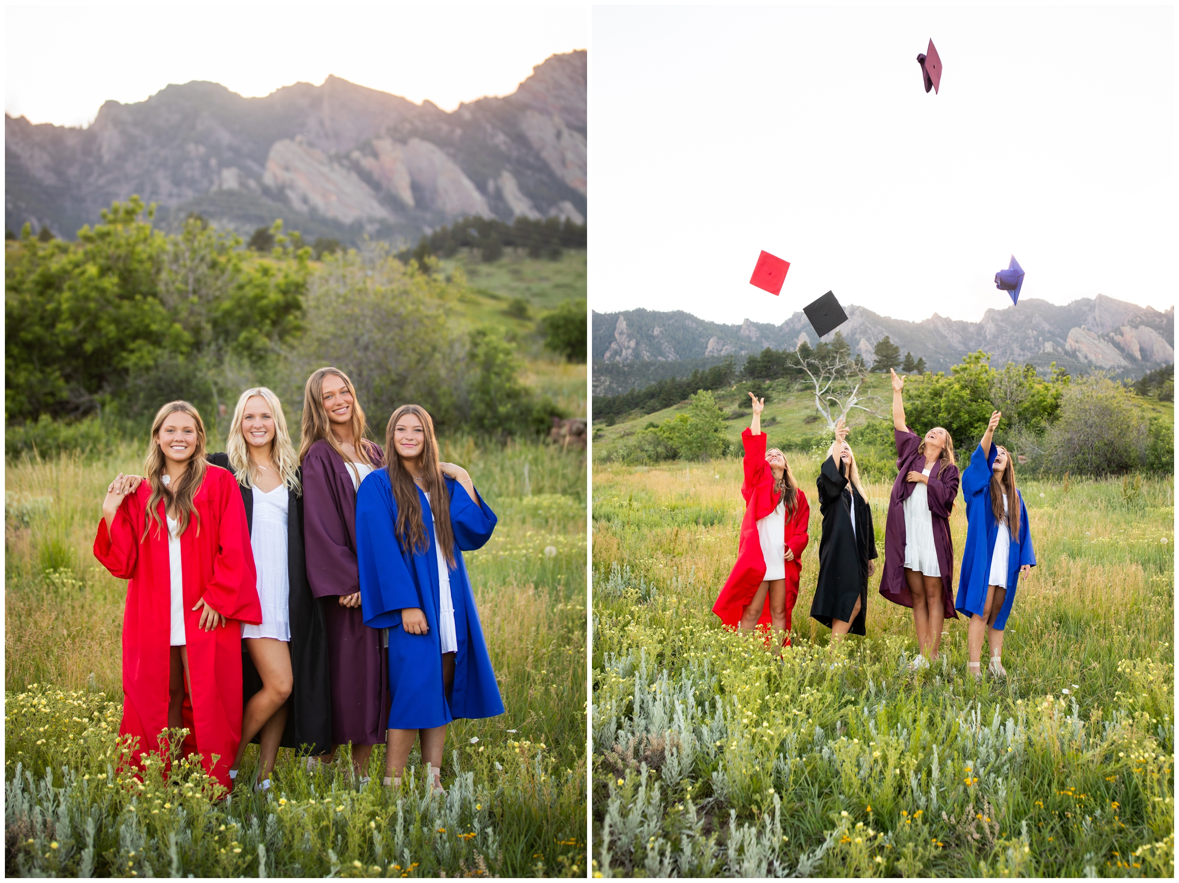 group of teens throwing graduation caps in the air during Boulder Colorado senior pictures 