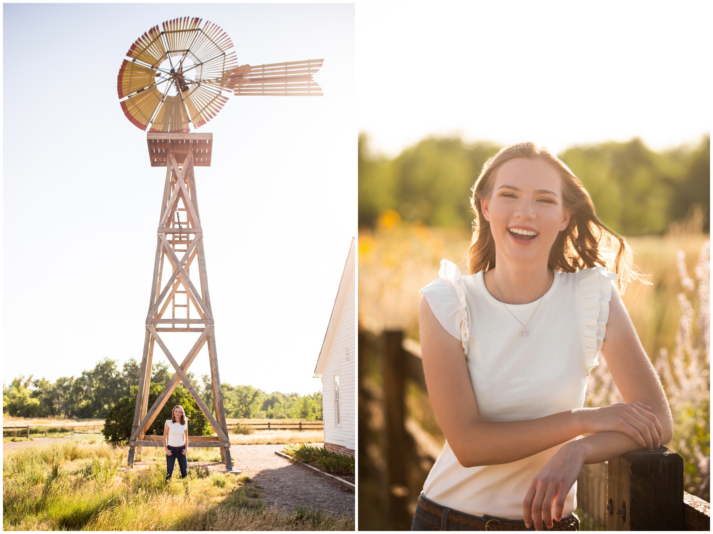 teen posing under a windmill during rustic farm senior portraits in Centennial Colorado 