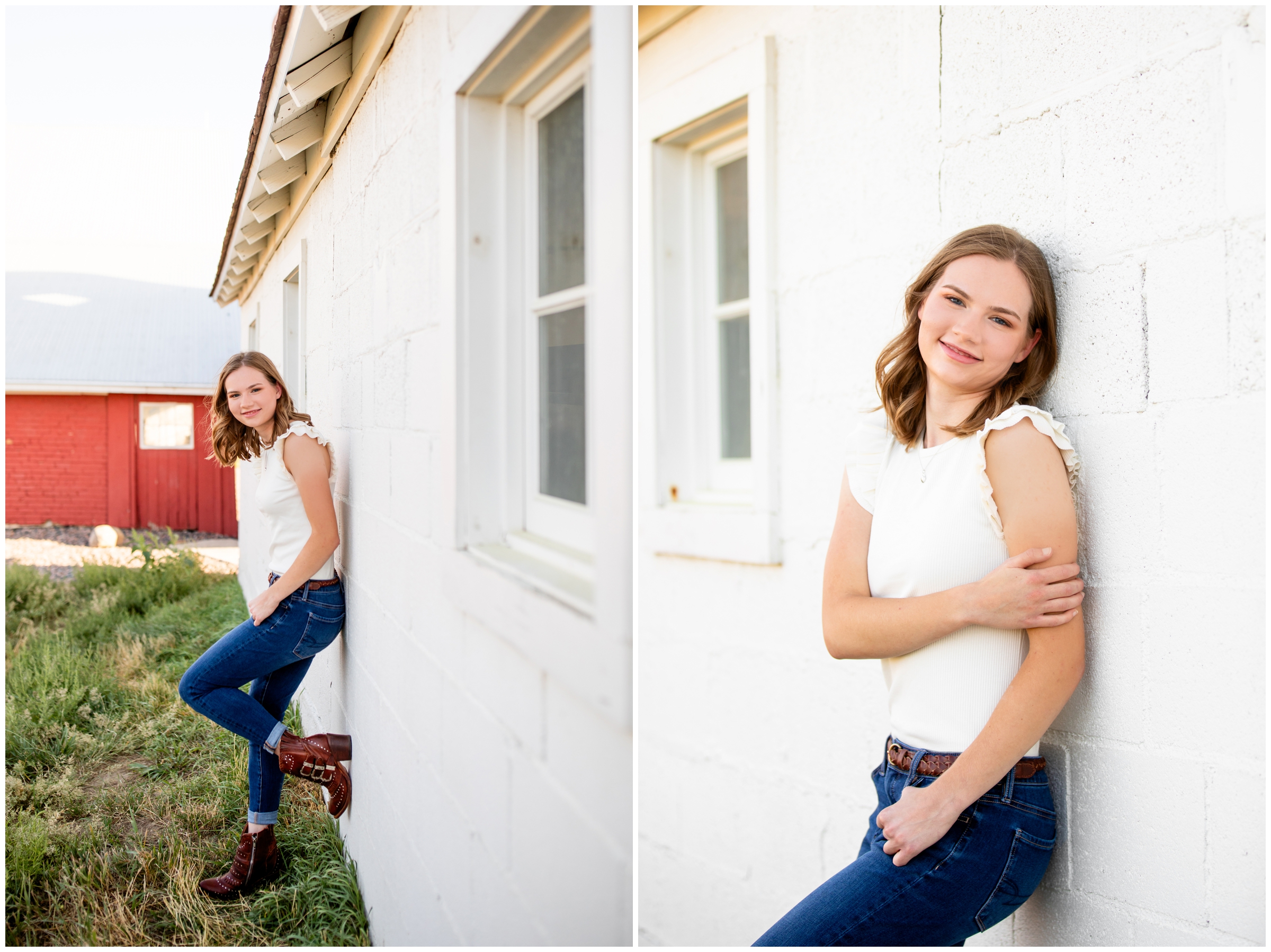 teen leaning against white brick wall during farm senior pictures in Centennial Colorado 