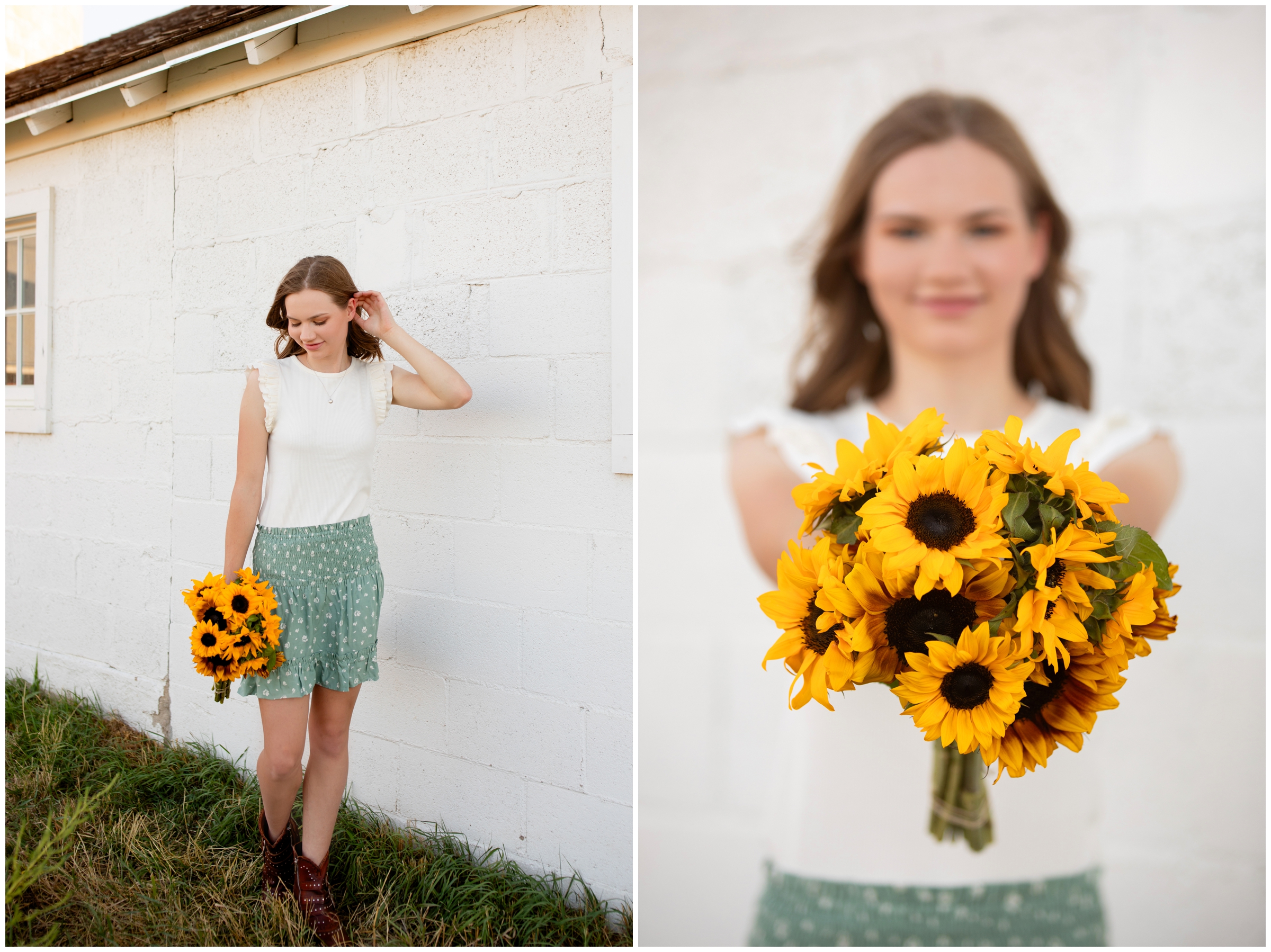 teen posing with sunflowers during farm senior photos in Centennial Colorado 