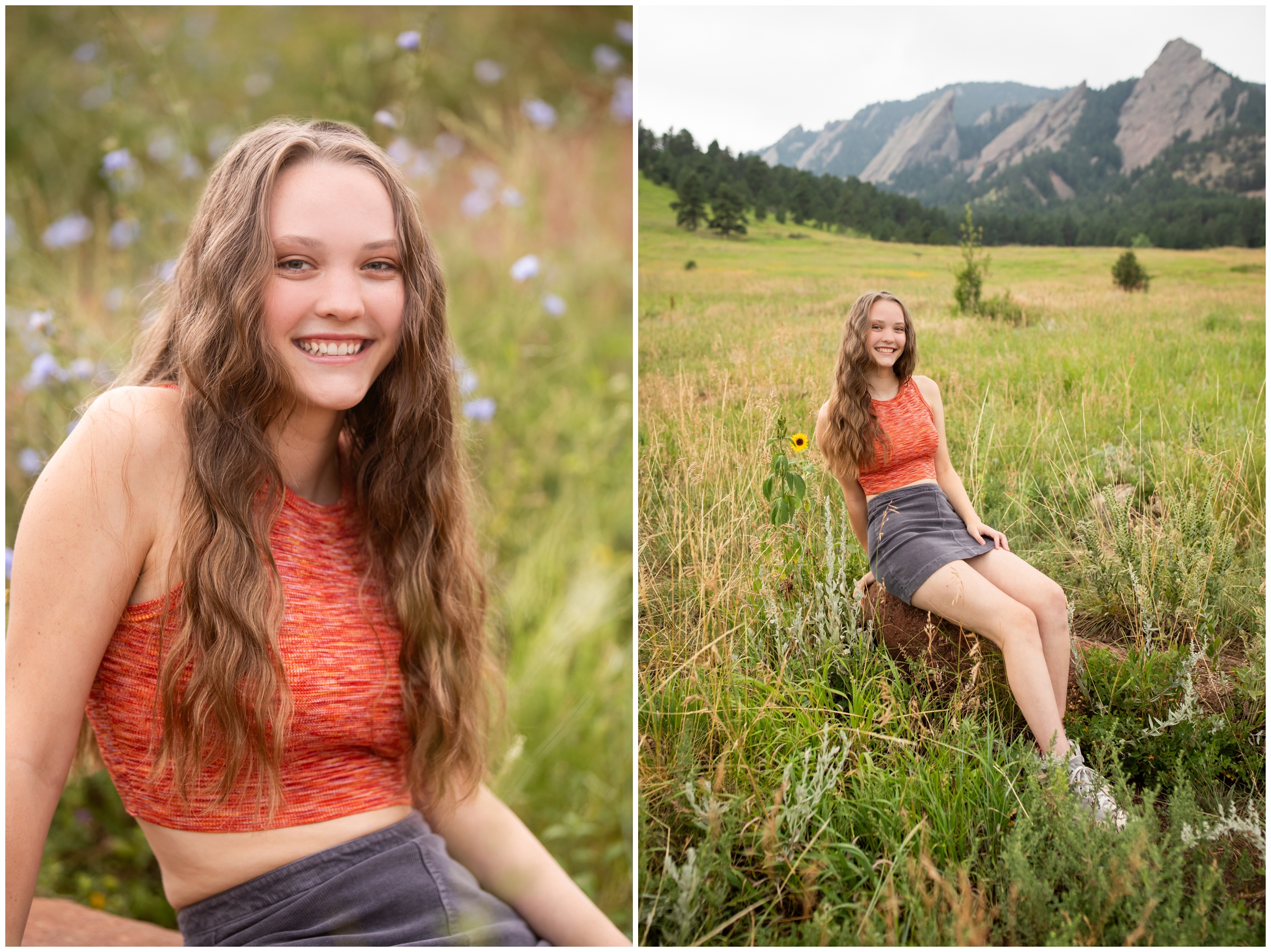 teen posing in front of flatirons mountains during Colorado high school graduation photography session 