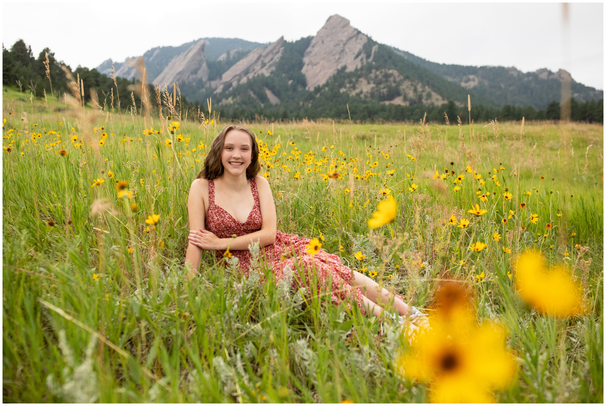 teen sitting in wildflower field during Boulder Colorado senior pictures at Chautauqua