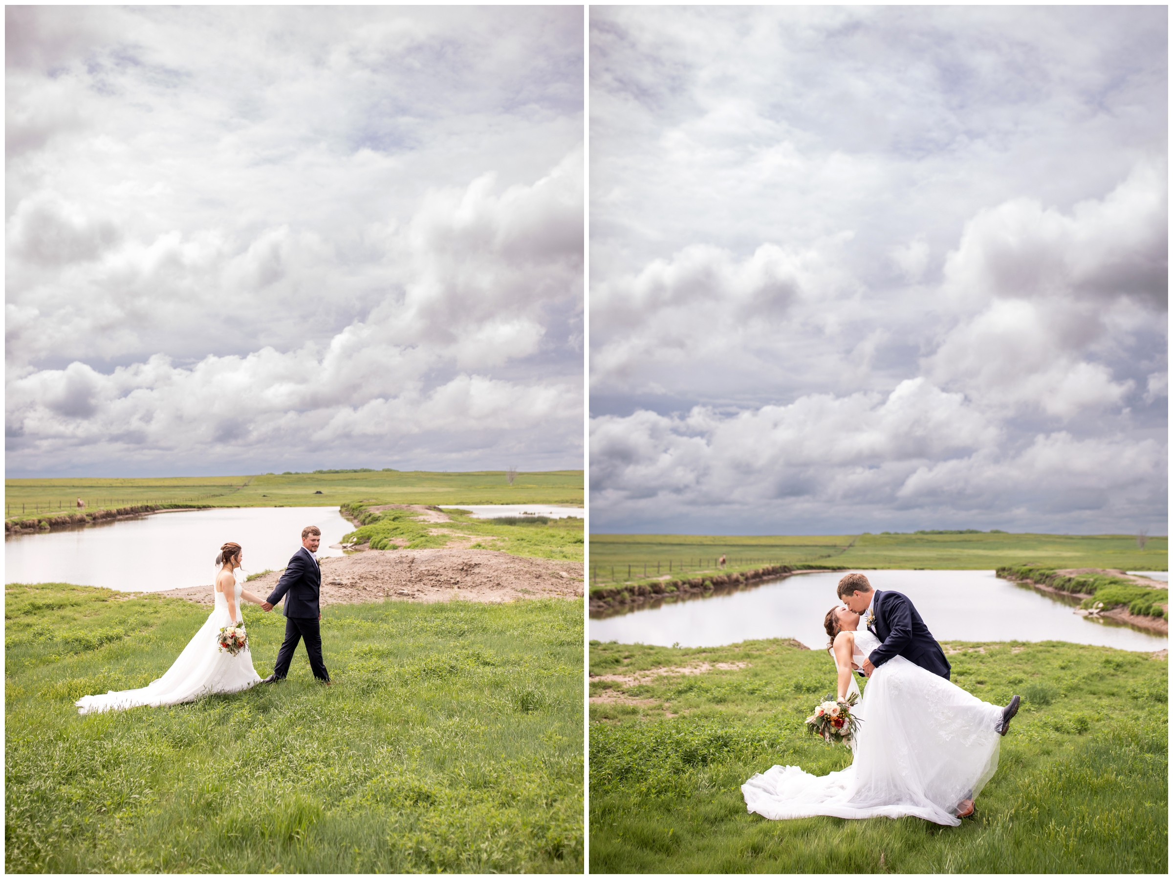 groom dipping bridge in front of pond during farm wedding pictures in Crook Colorado 