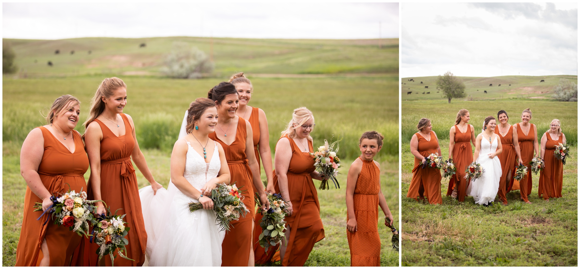 bridesmaids in burnt orange dresses walking through field in Crook Colorado 