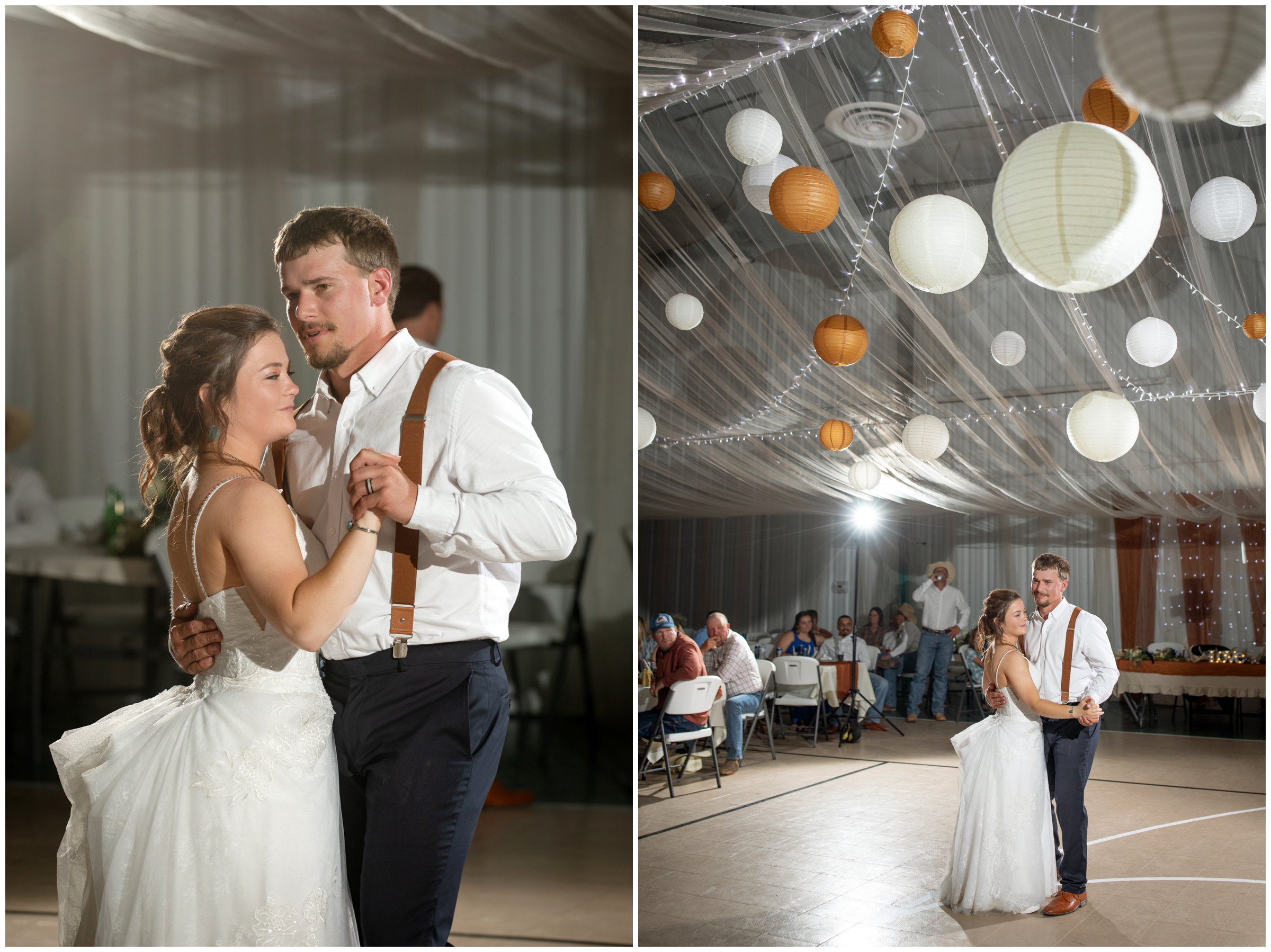 couple sharing first dance during rustic wedding reception in Crook Colorado 
