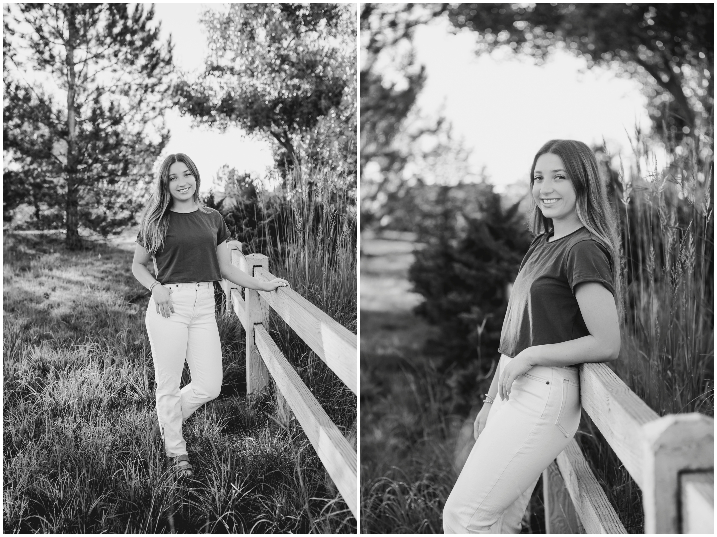 teen leaning against a fence during Broomfield Colorado senior pictures at Anthem Ranch