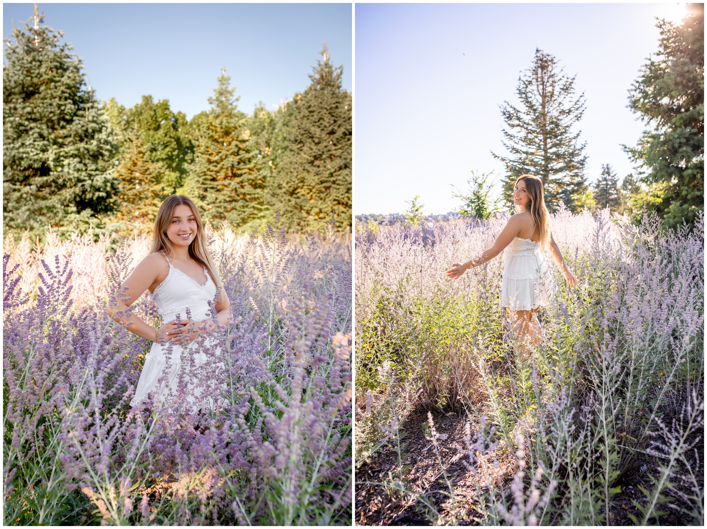 teen walking through flower field during summer senior photos in Erie Colorado