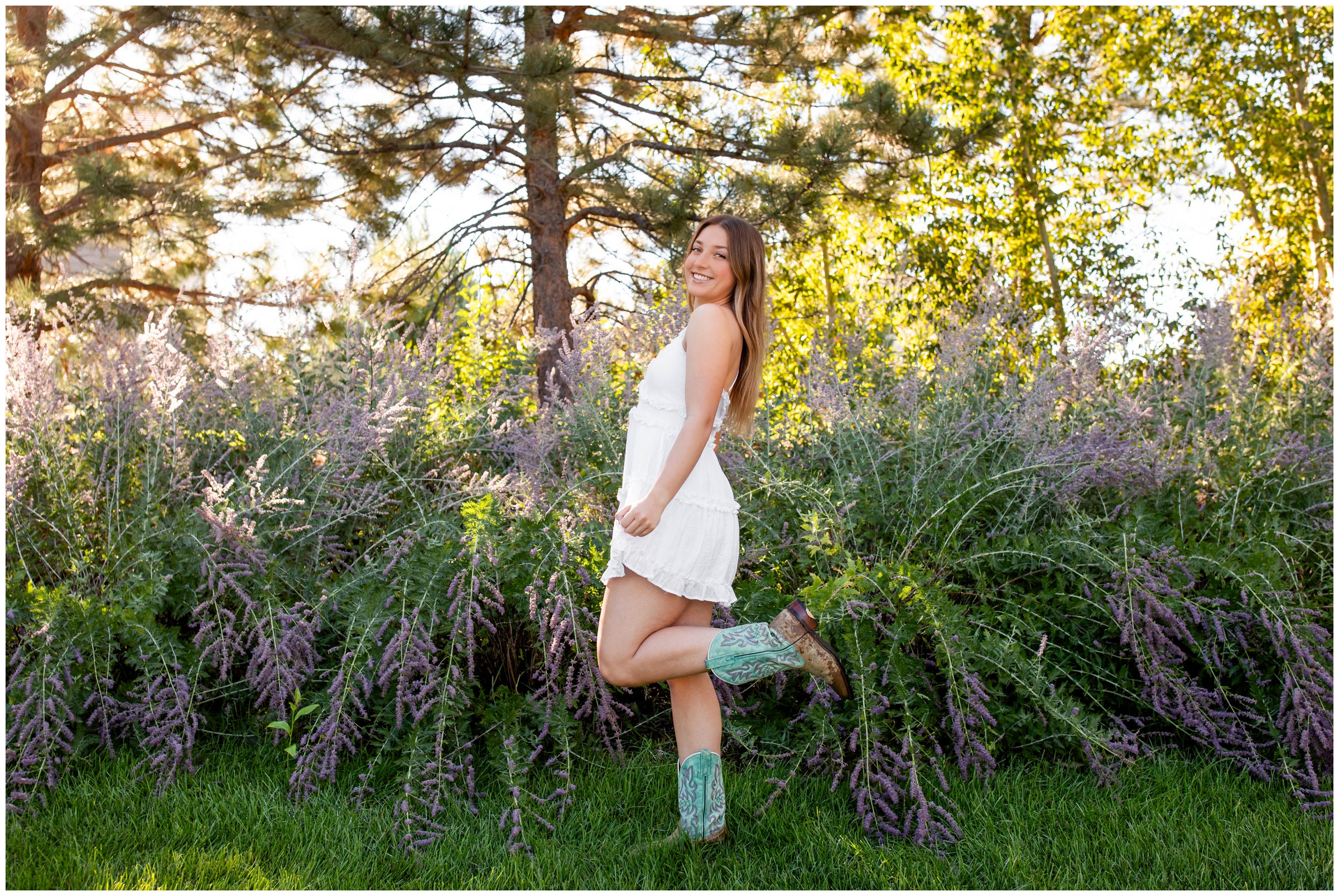 teen in cowgirl boots during garden senior pictures in Northern Colorado