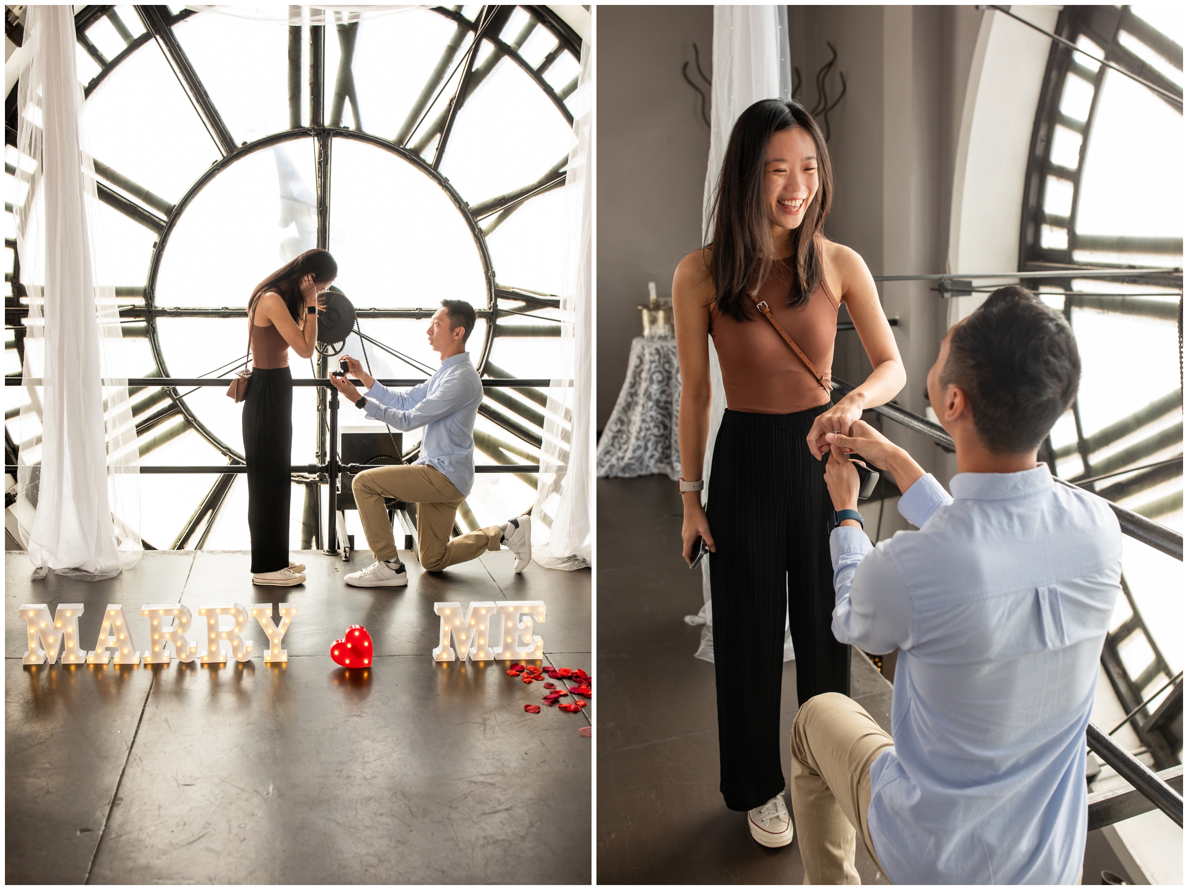 man proposing at the Clock Tower Events building in downtown Denver 