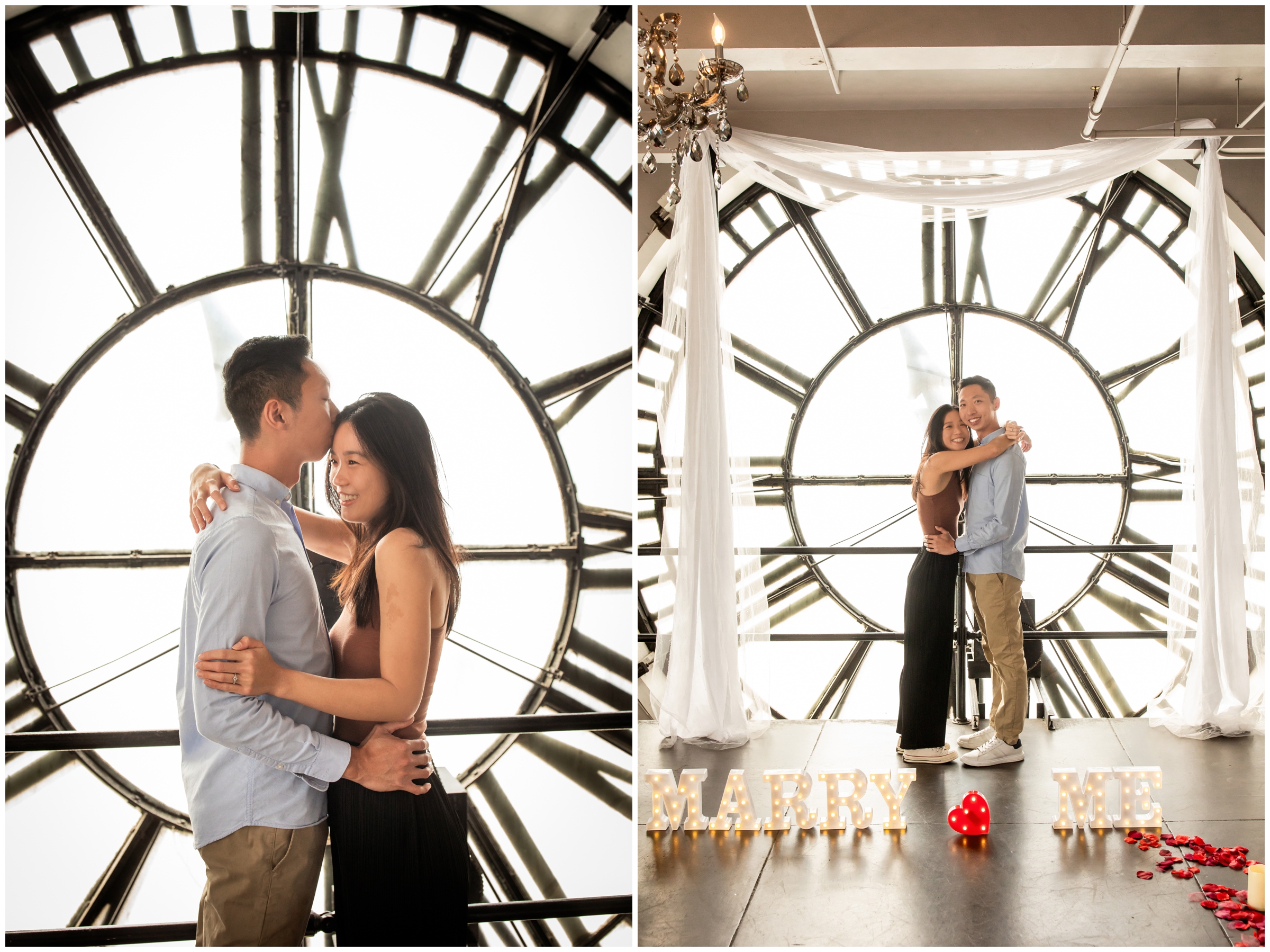 couple embracing in front of clock tower during downtown Denver proposal photography session 