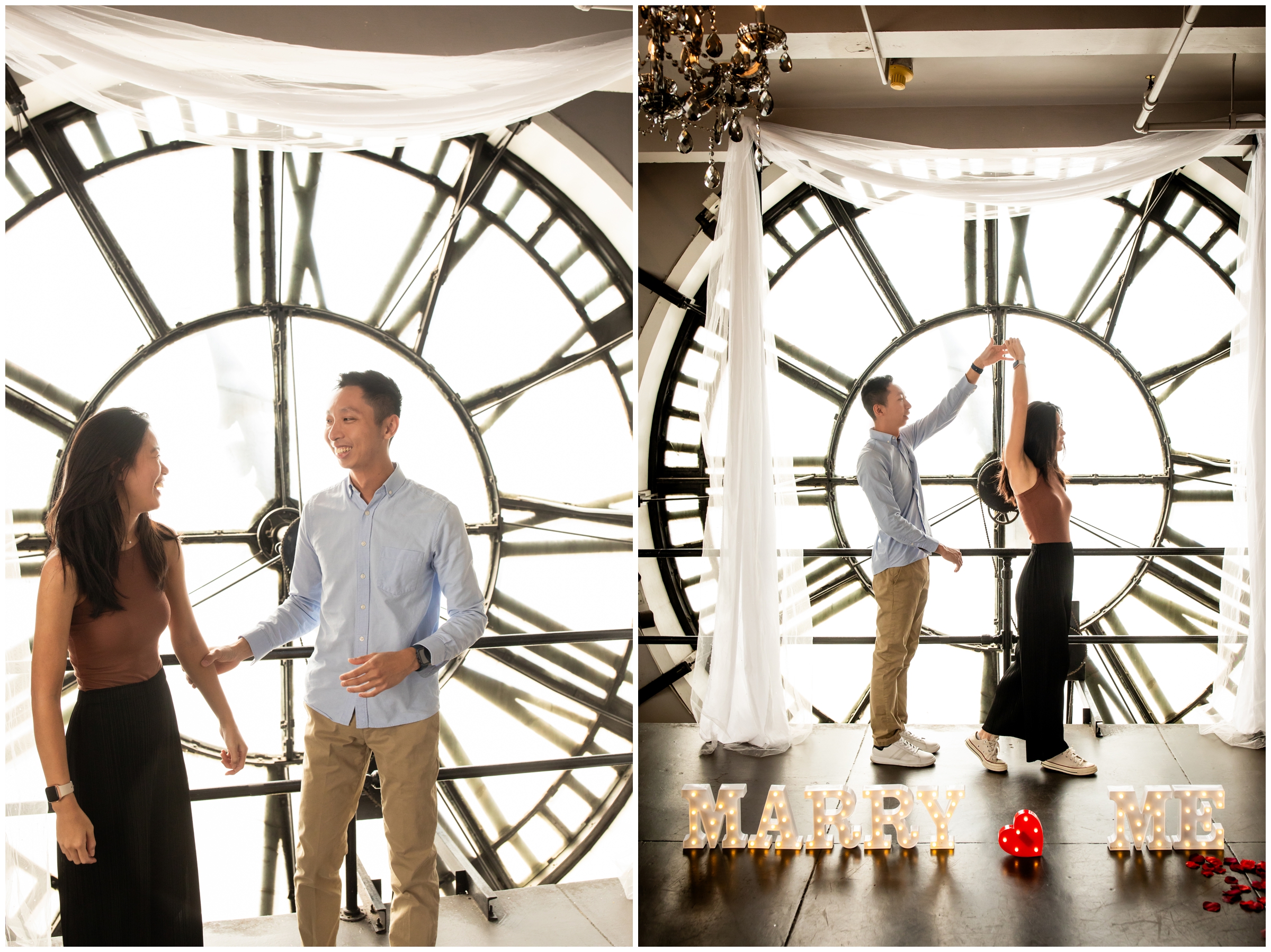 couple dancing in front of clock tower during denver proposal engagement photography session 