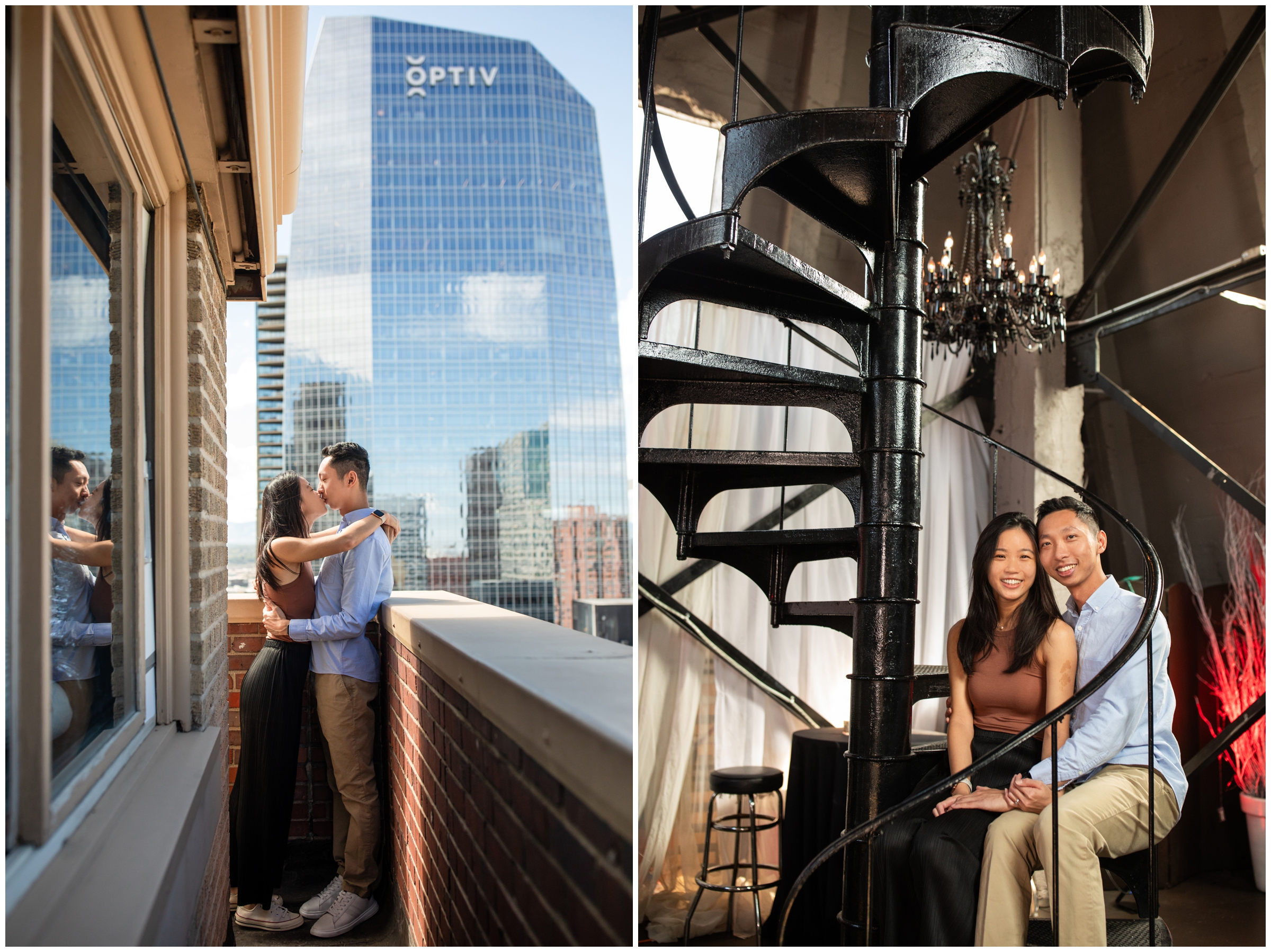 couple kissing on top of balcony at the clock tower events center in downtown Denver during engagement photography session