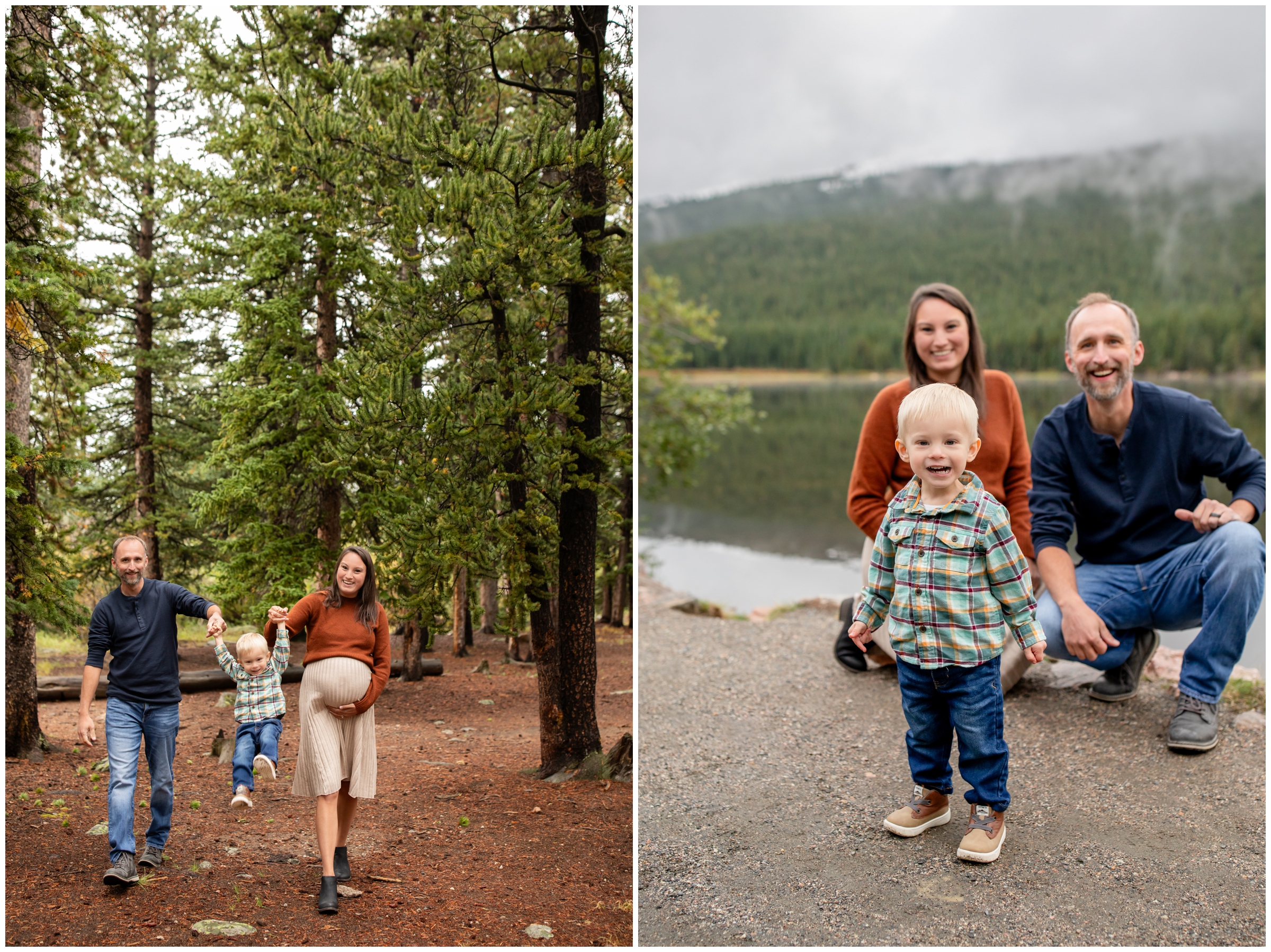 couple swinging son during candid family maternity photo session in the Colorado mountains 
