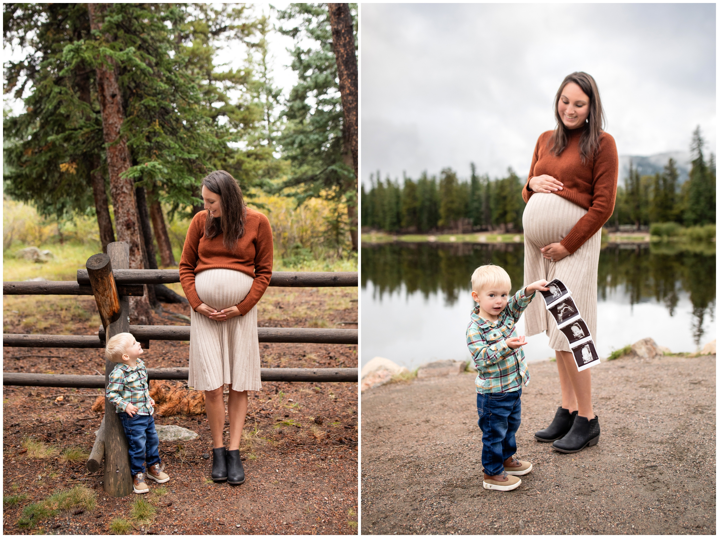 little boy holding mom's sonogram during Colorado family maternity photography session during fall at Echo Lake Park by portrait photographer Plum Pretty Photography