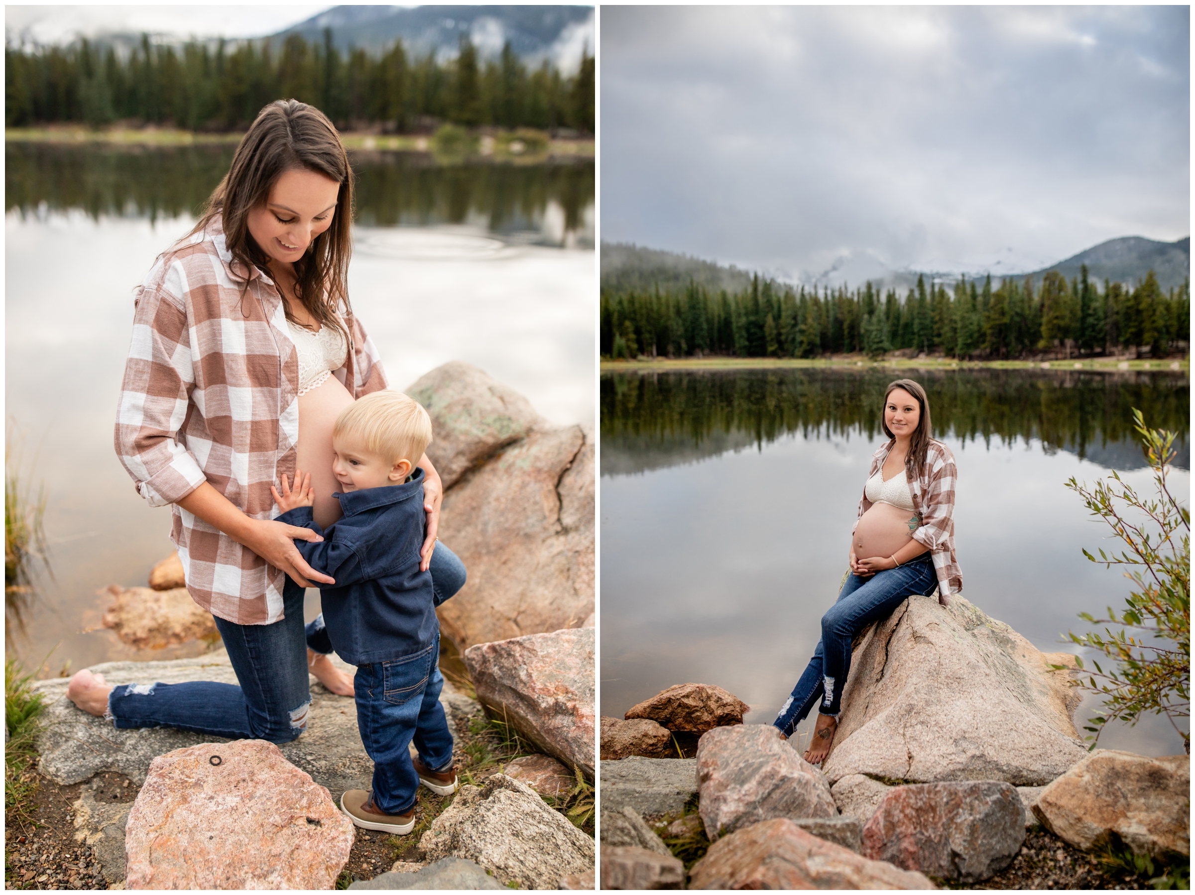 little boy hugging his mom's pregnant belly during fall family pictures in Idaho Spring CO