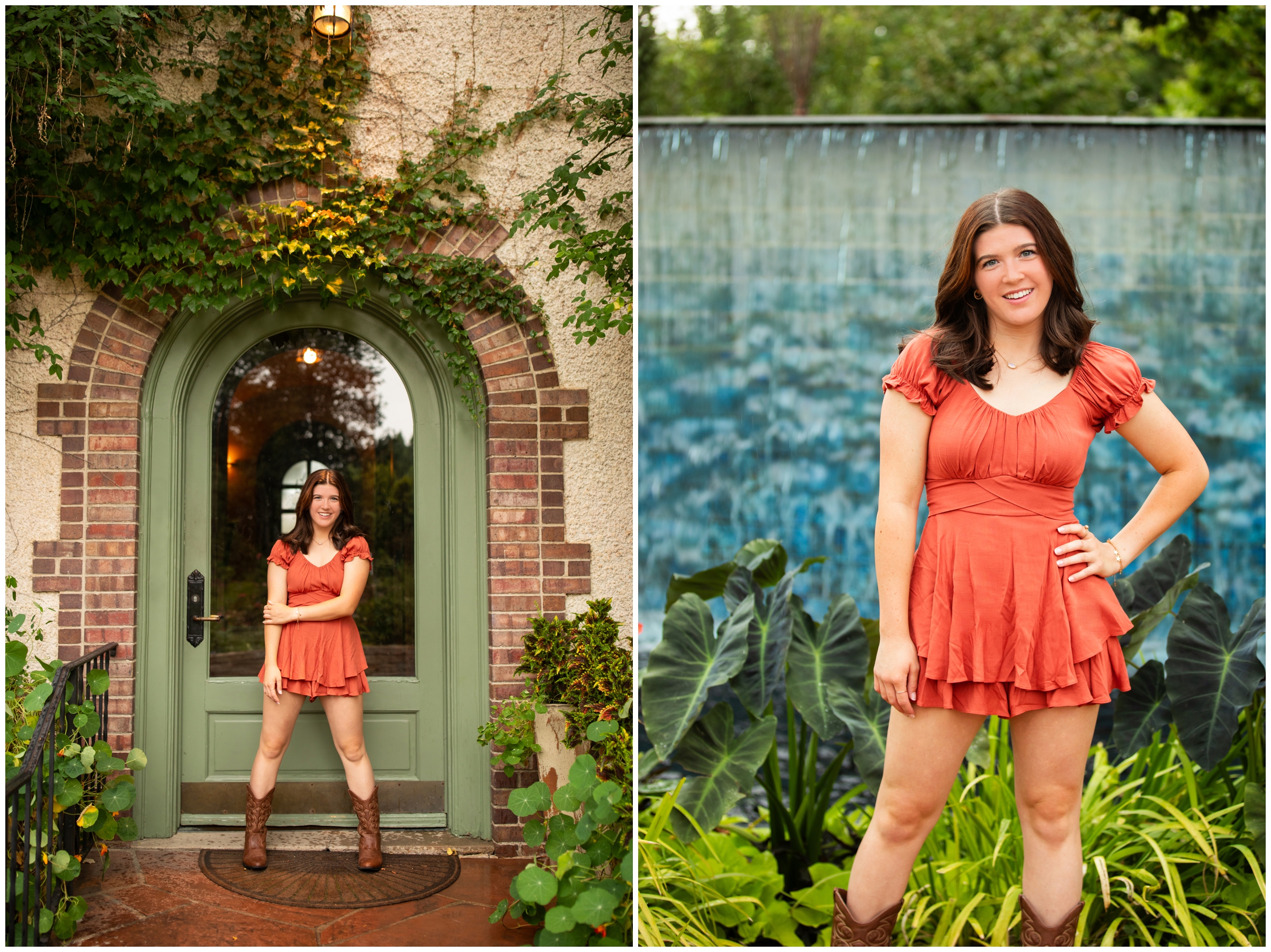 teen girl posing in front of water feature at Denver Botanic Gardens during summer senior photography session 
