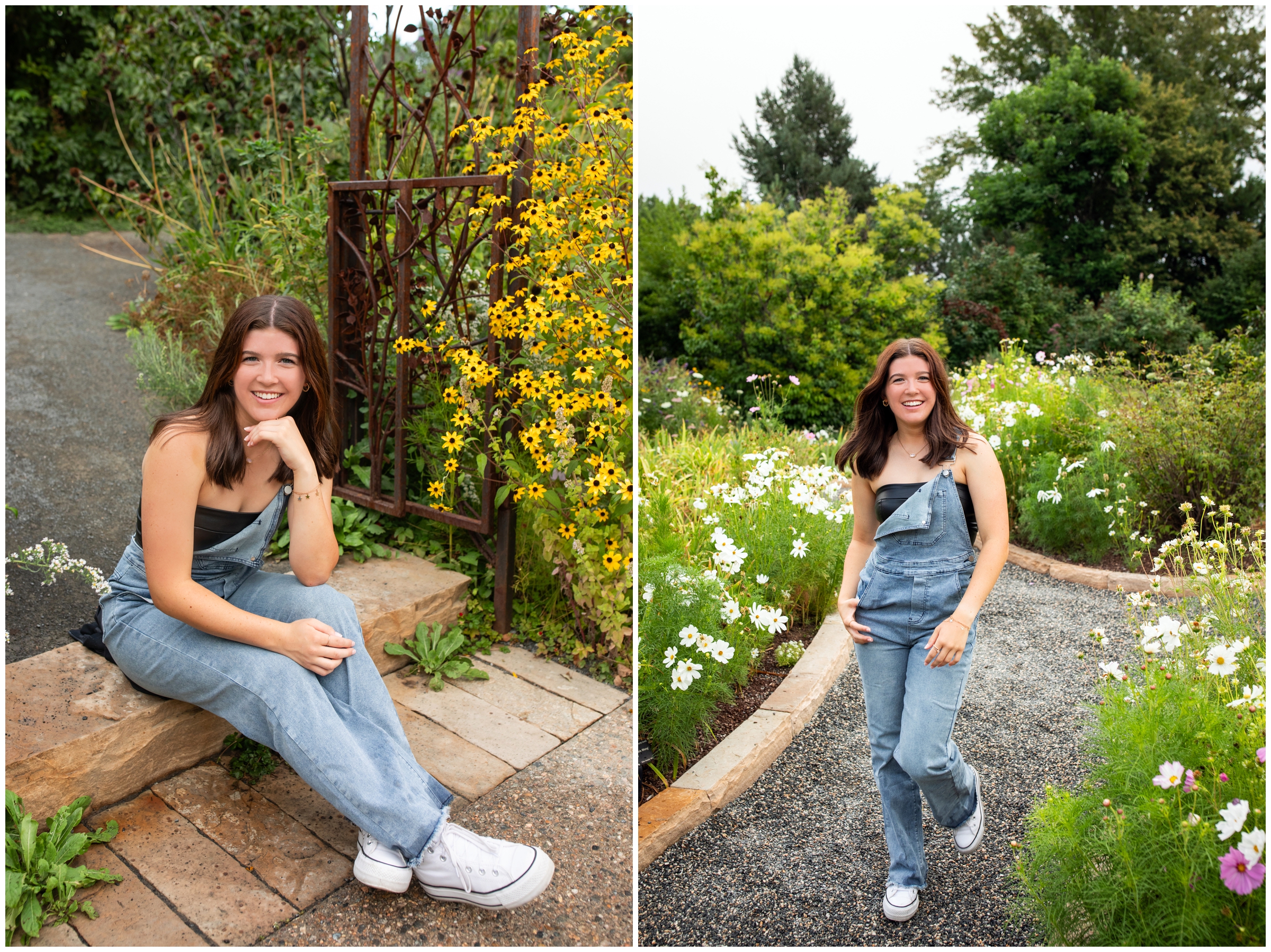 teen walking through floral gardens during high school graduation photography session in Colorado 