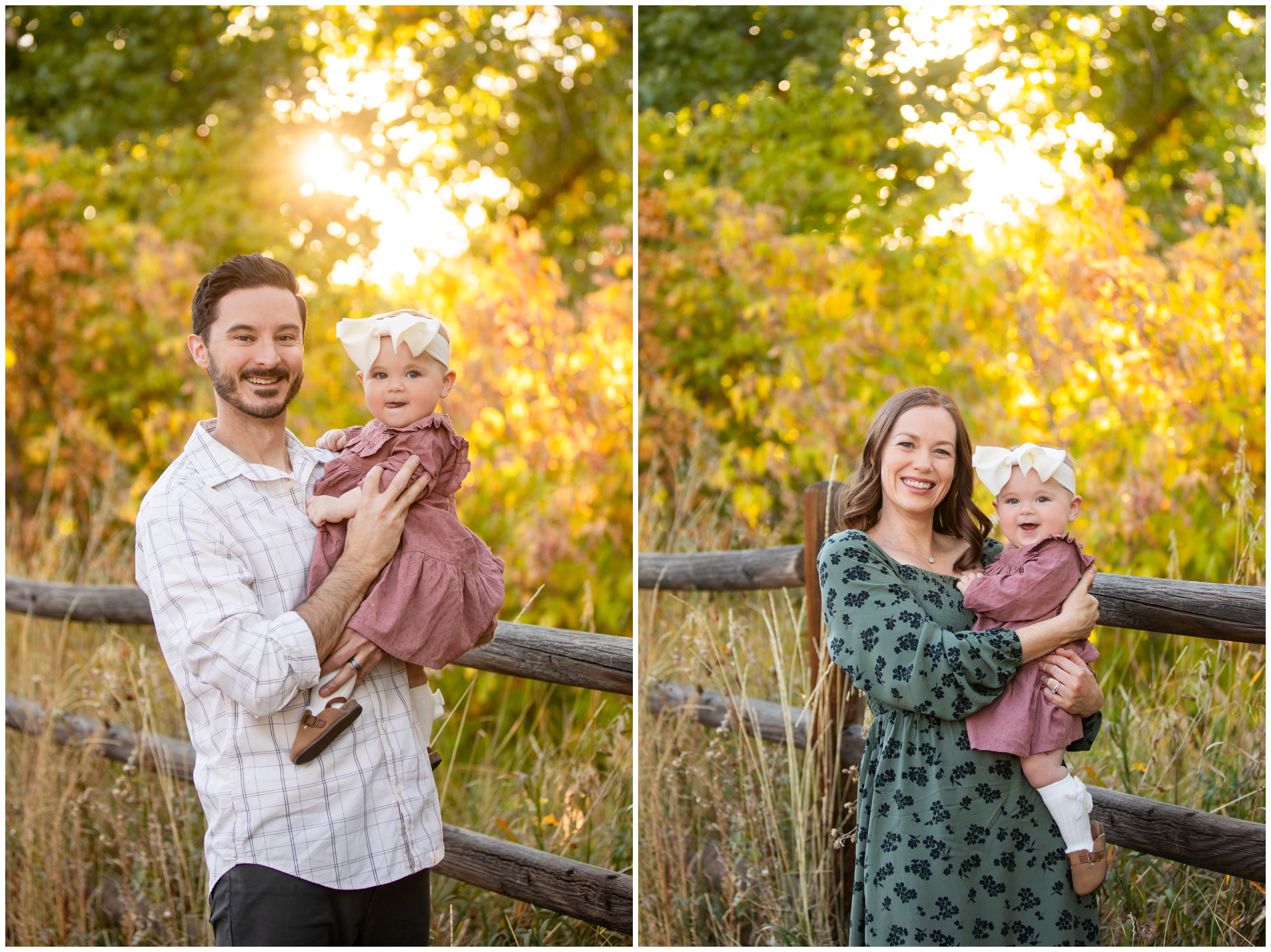 family posing in front of fall foliage during Golden history park Colorado family portraits 