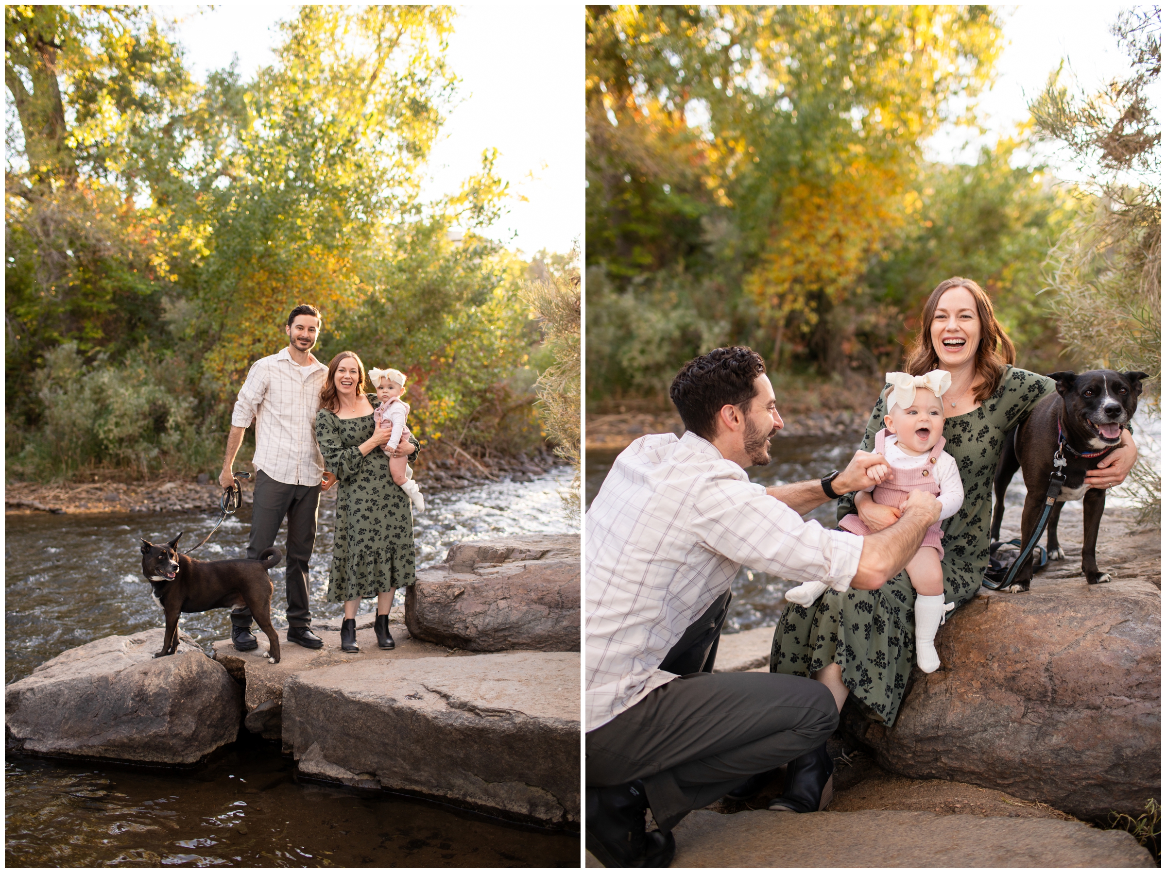 family posing in front of river during Golden Colorado family portraits by Plum Pretty Photography 