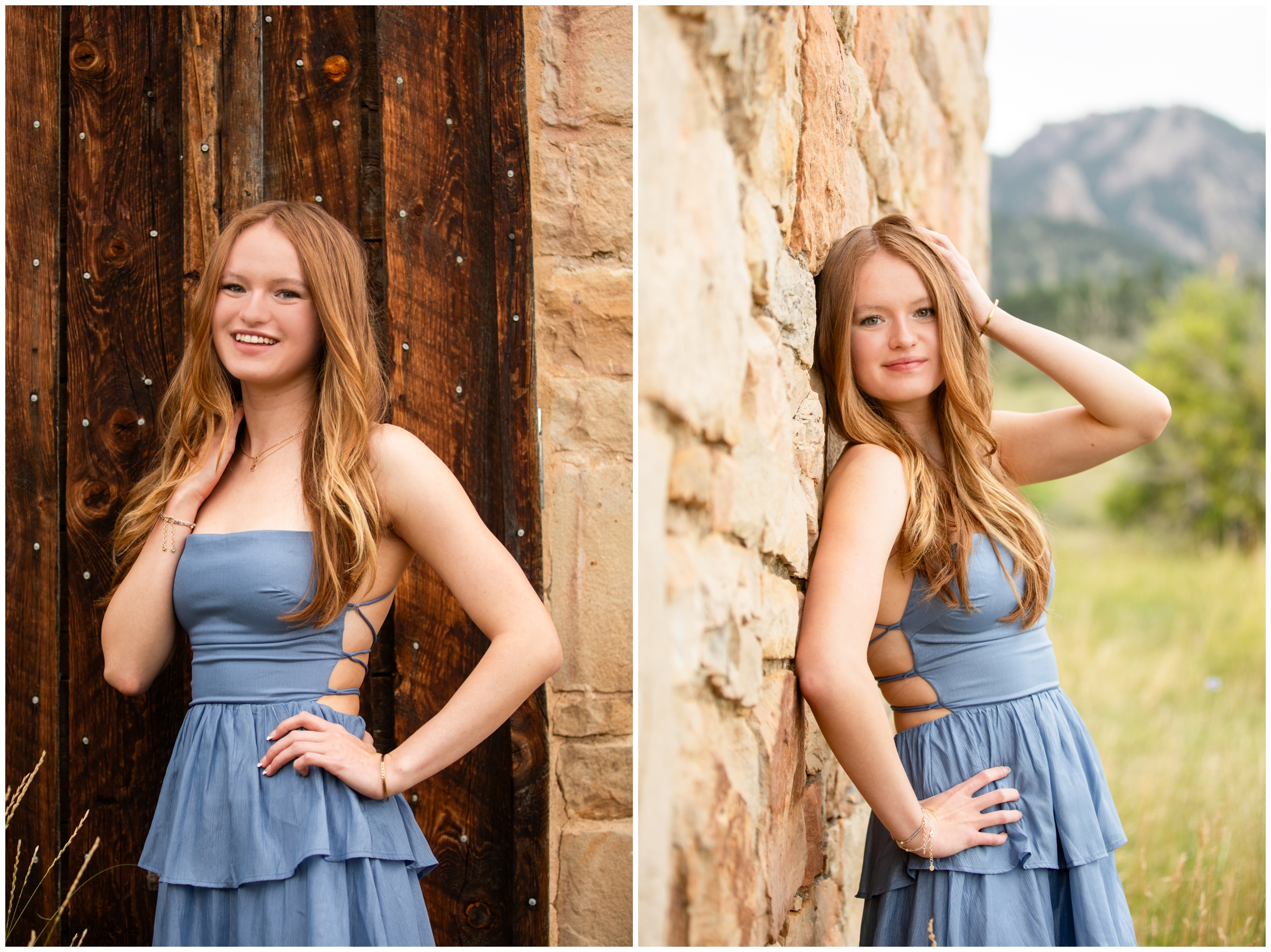 teen leaning against stone wall during Boulder Colorado senior photography session at south mesa