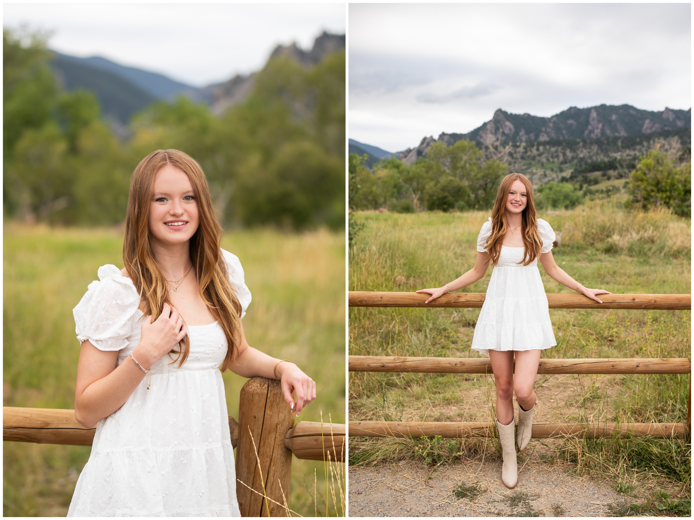 teen leaning against wooden fence with mountains in background during Prospect Ridge Academy senior photos 