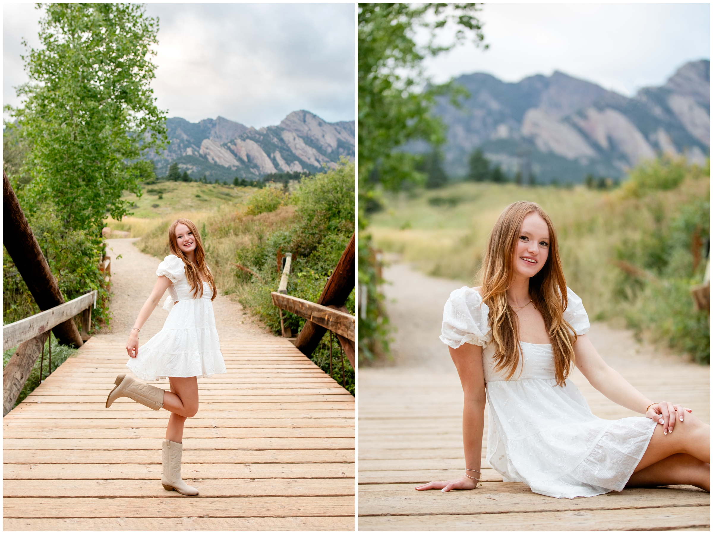 teen sitting on wooden bridge during Boulder senior pictures 