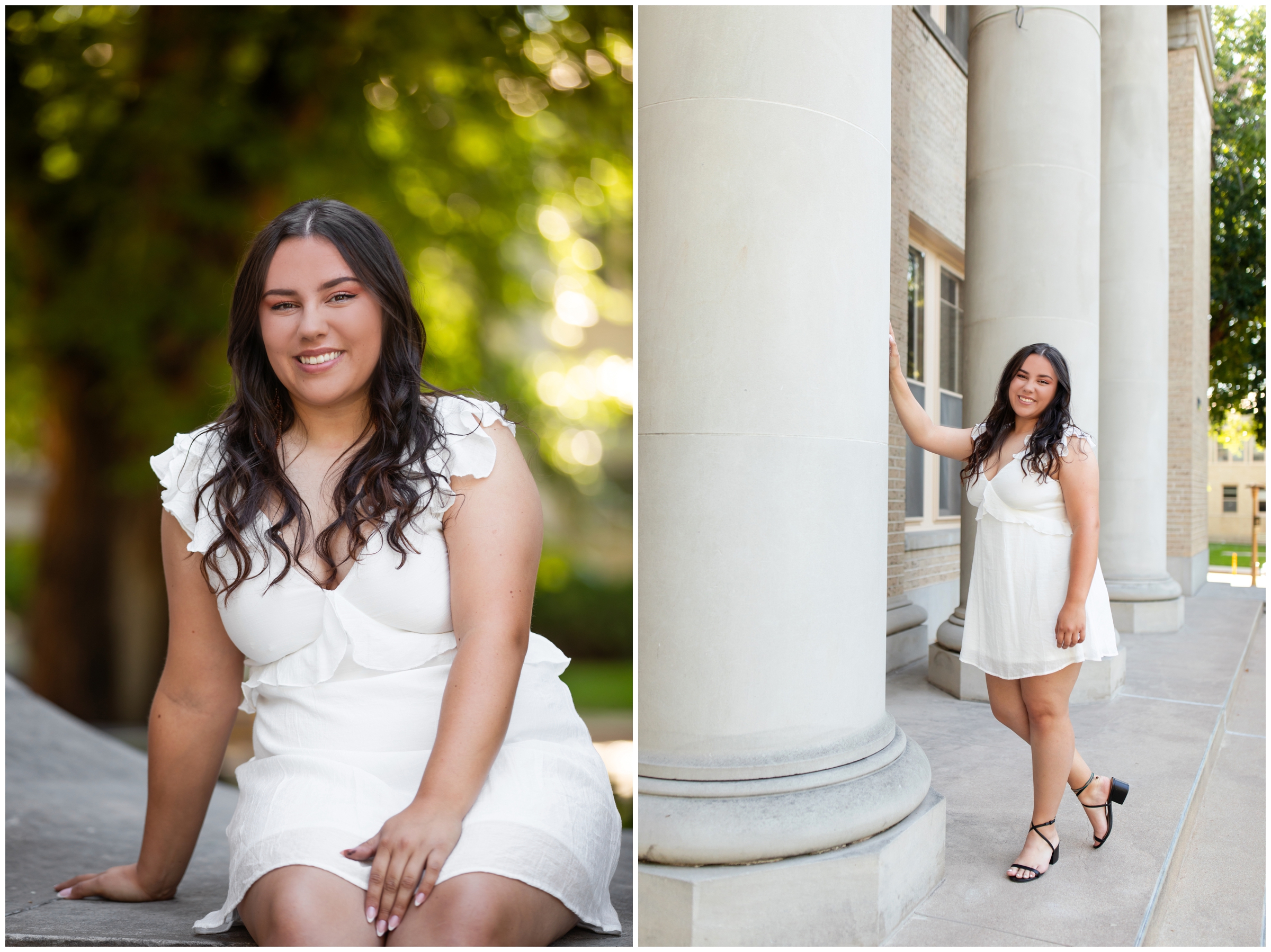 woman leaning against pilar at CSU oval during college senior pictures by Plum Pretty Photography 