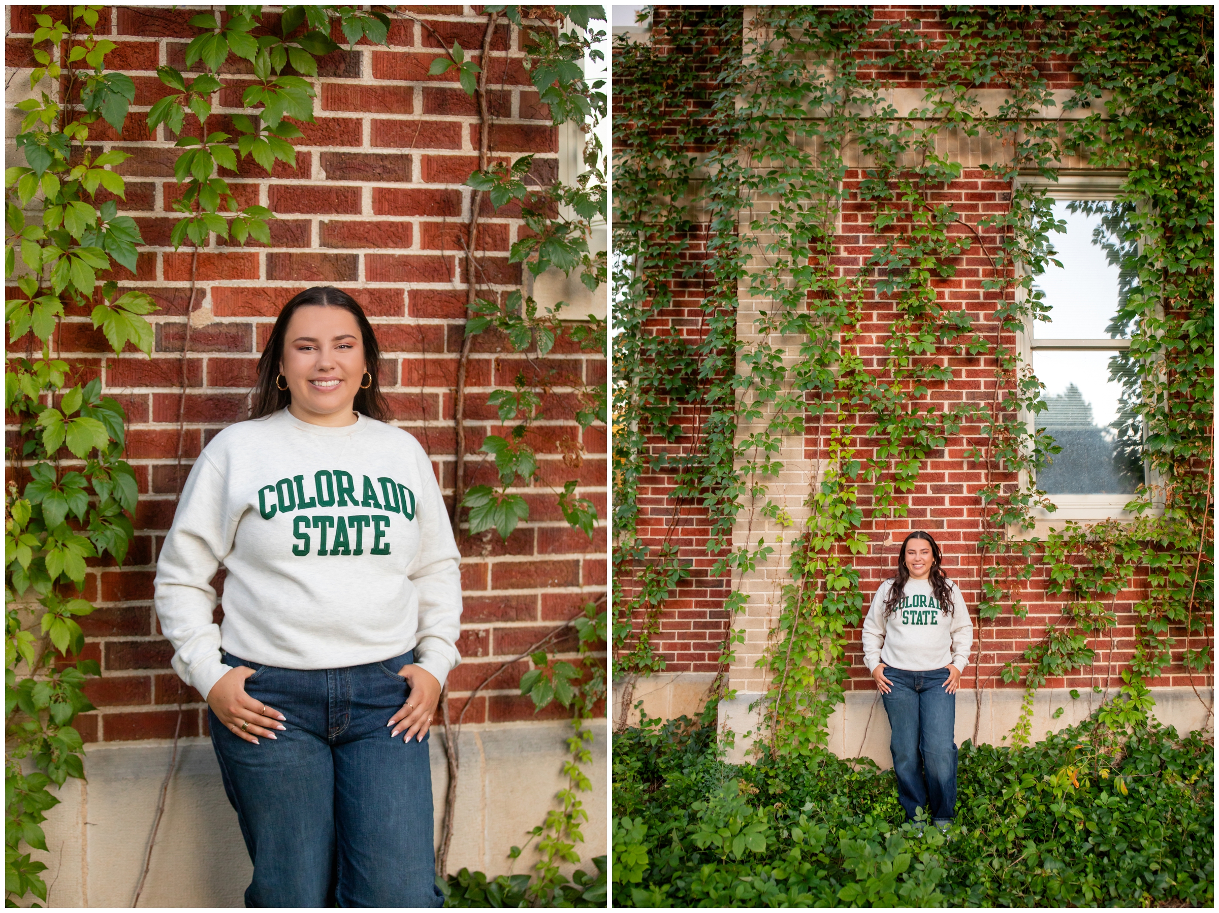 woman leaning against brick and ivy wall during Fort Collins Colorado graduation photography session 