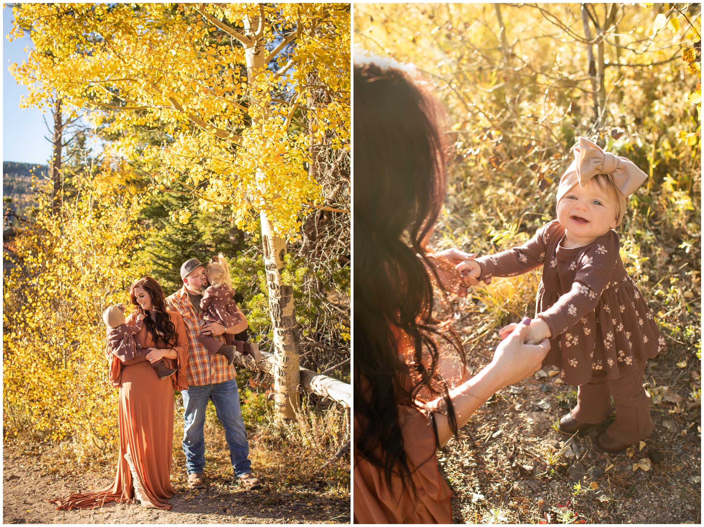 family posing in front of aspen trees during fall family pictures in RMNP