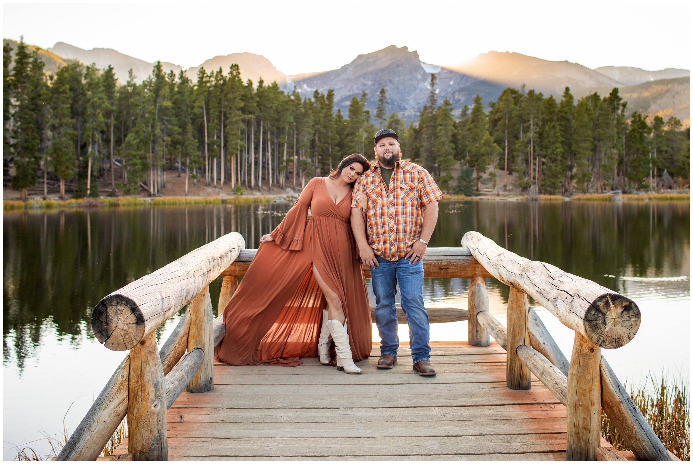 couple posing on dock at Sprague Lake during fall couples portraits by Plum Pretty Photography 