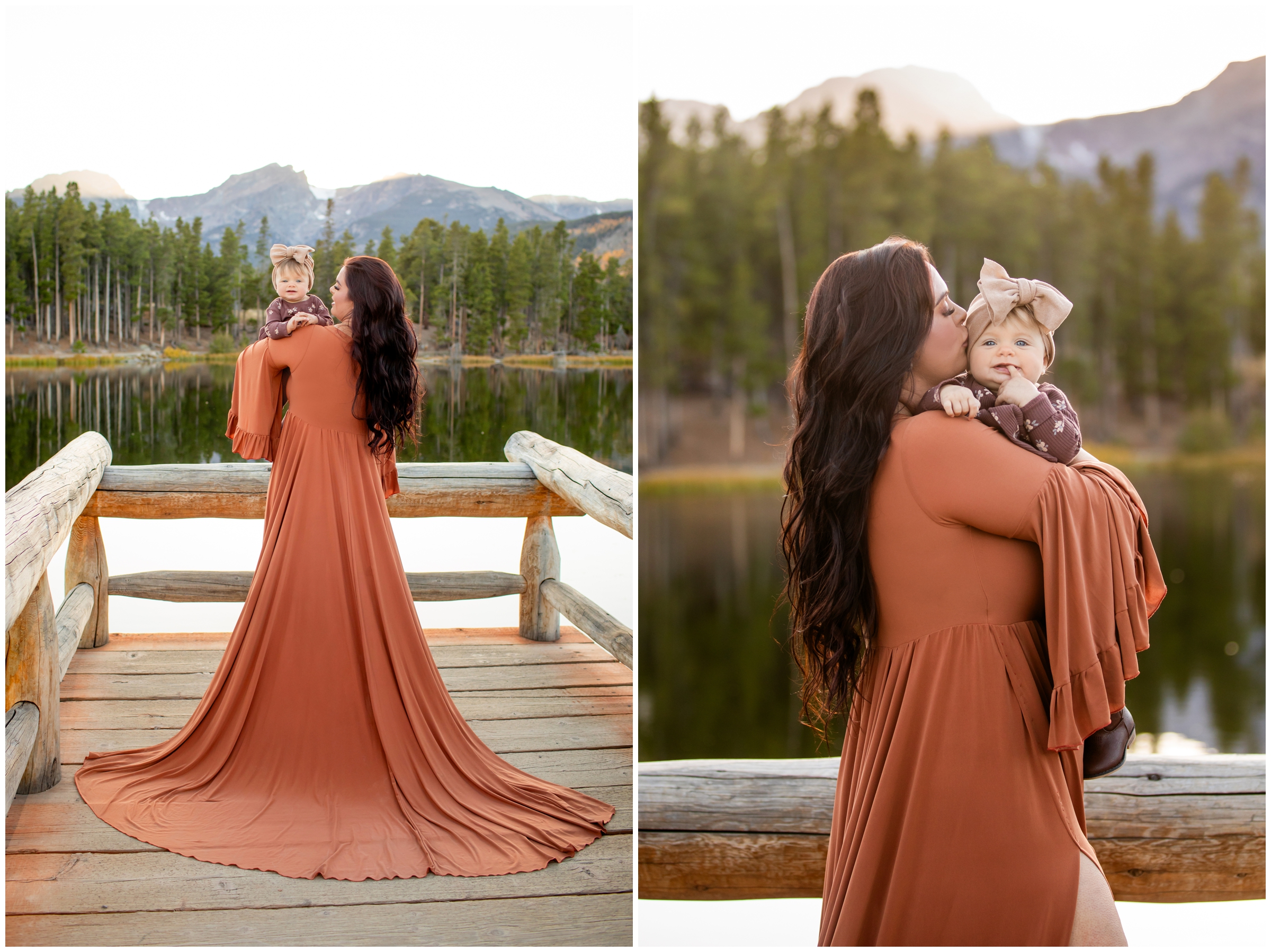 mom and baby posing on wooden dock during Colorado family portraits in RMNP