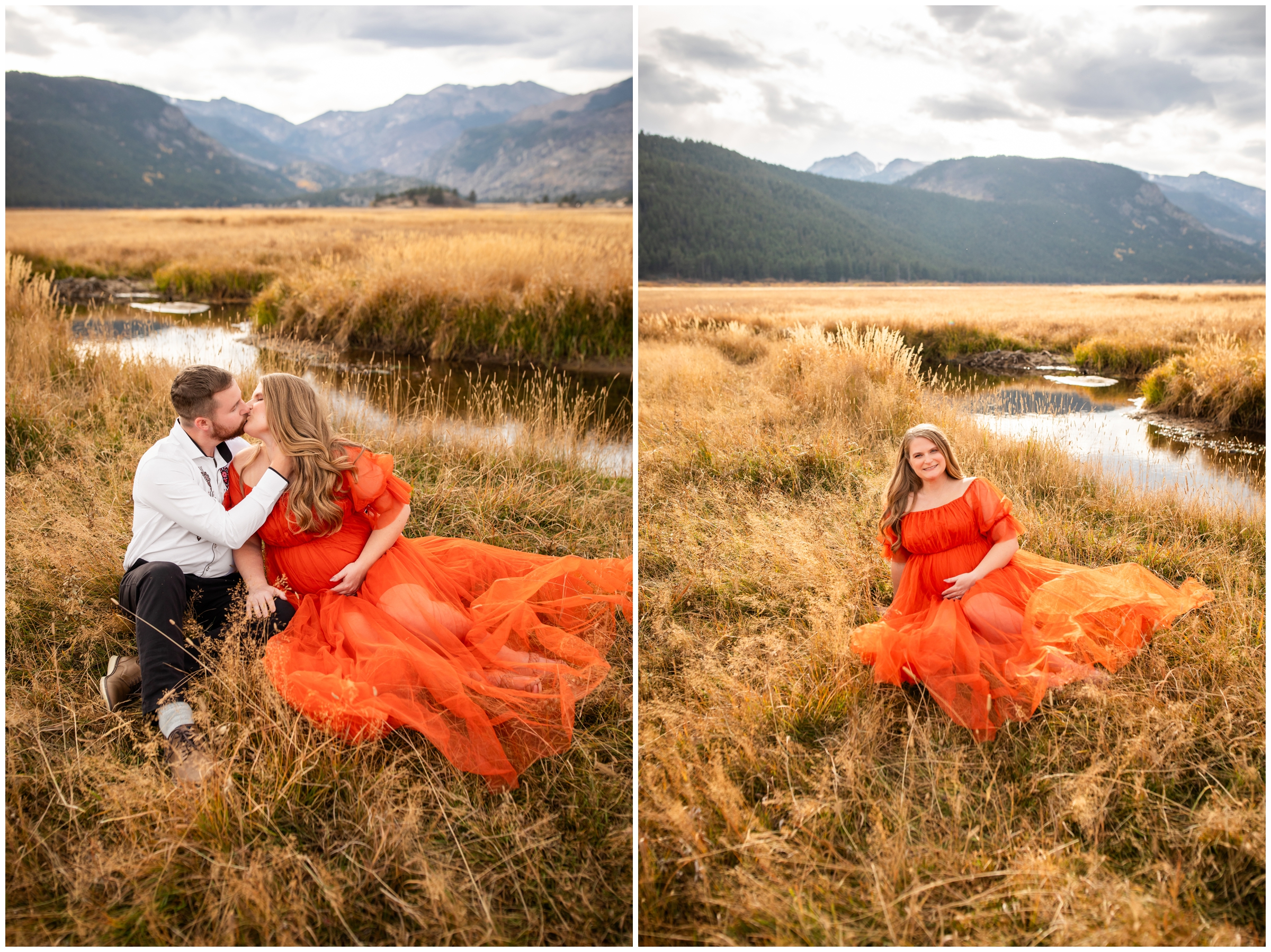 pregnant woman in orange dress sitting in mountain field during RMNP colorado maternity photos at Moraine Park 