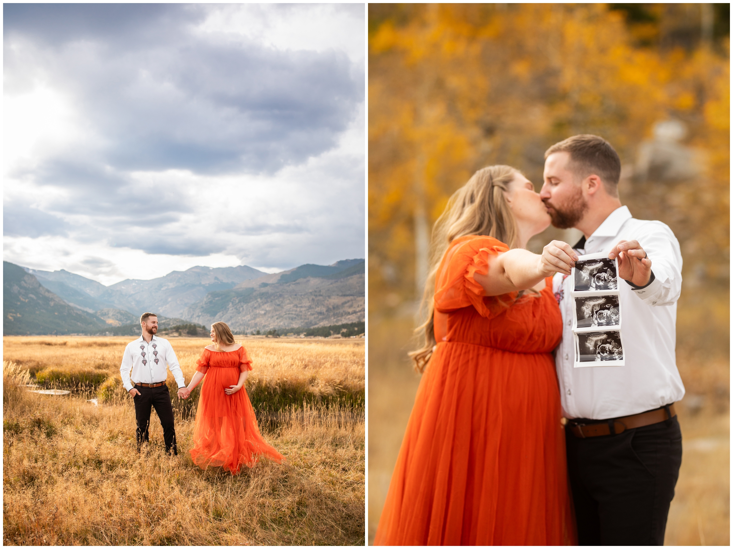 couple posing with ultrasound photo during Colorado mountain maternity pictures at Moraine Park RMNP 