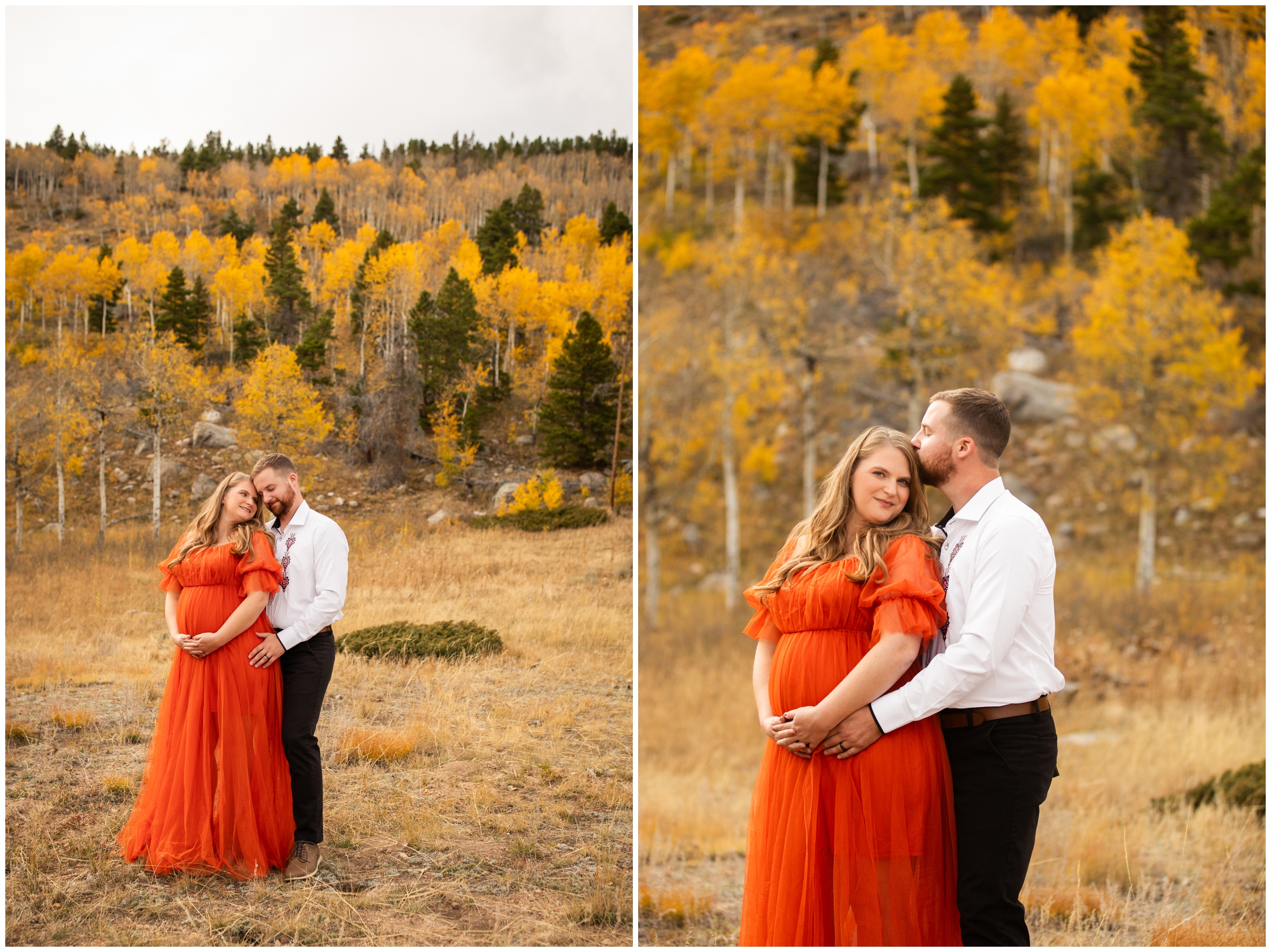 couple cuddling in aspen grove during fall maternity pictures in RMNP Estes Park Colorado 