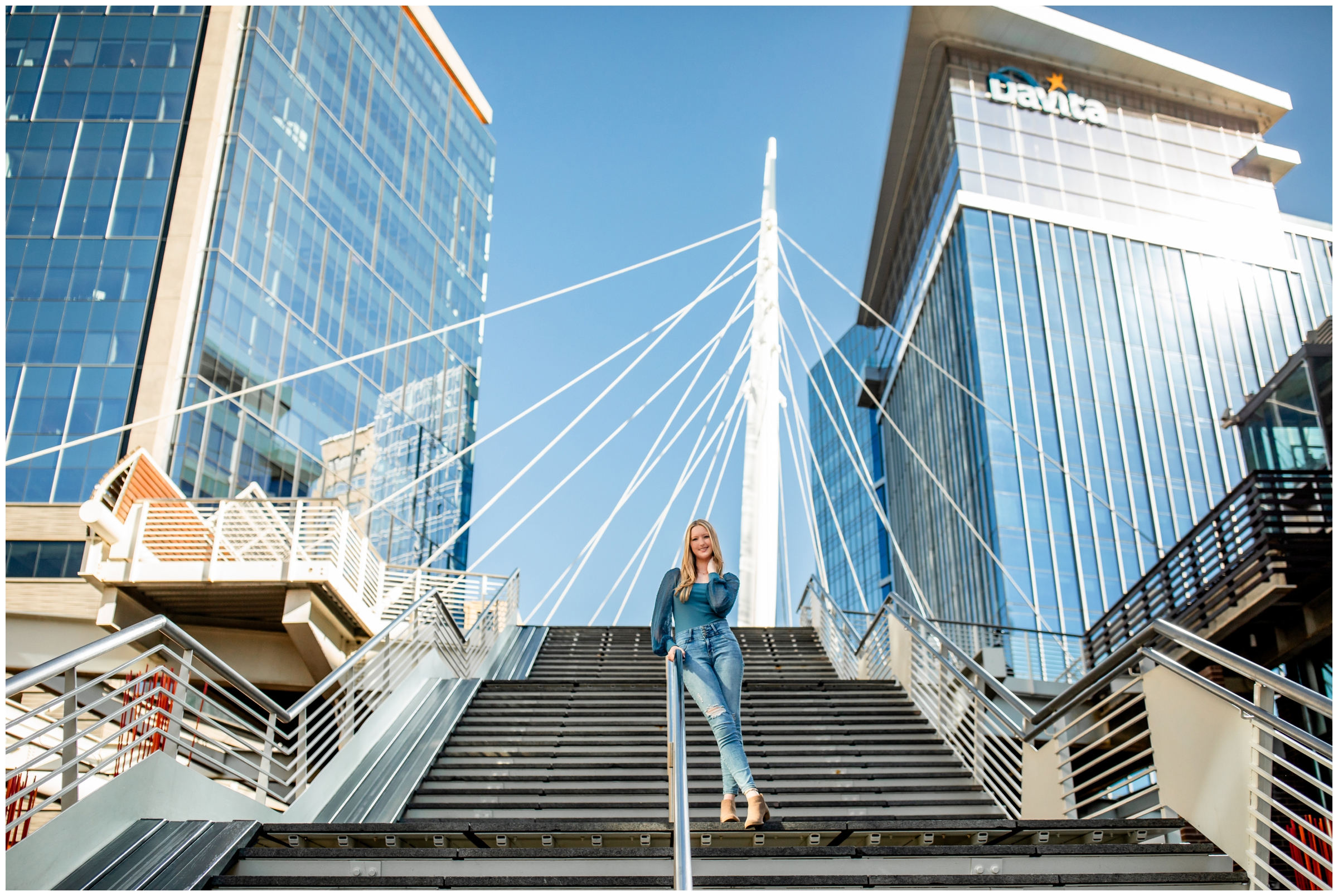 Urban senior pictures at Millennium Bridge in Denver by Colorado portrait photographer Plum Pretty Photography