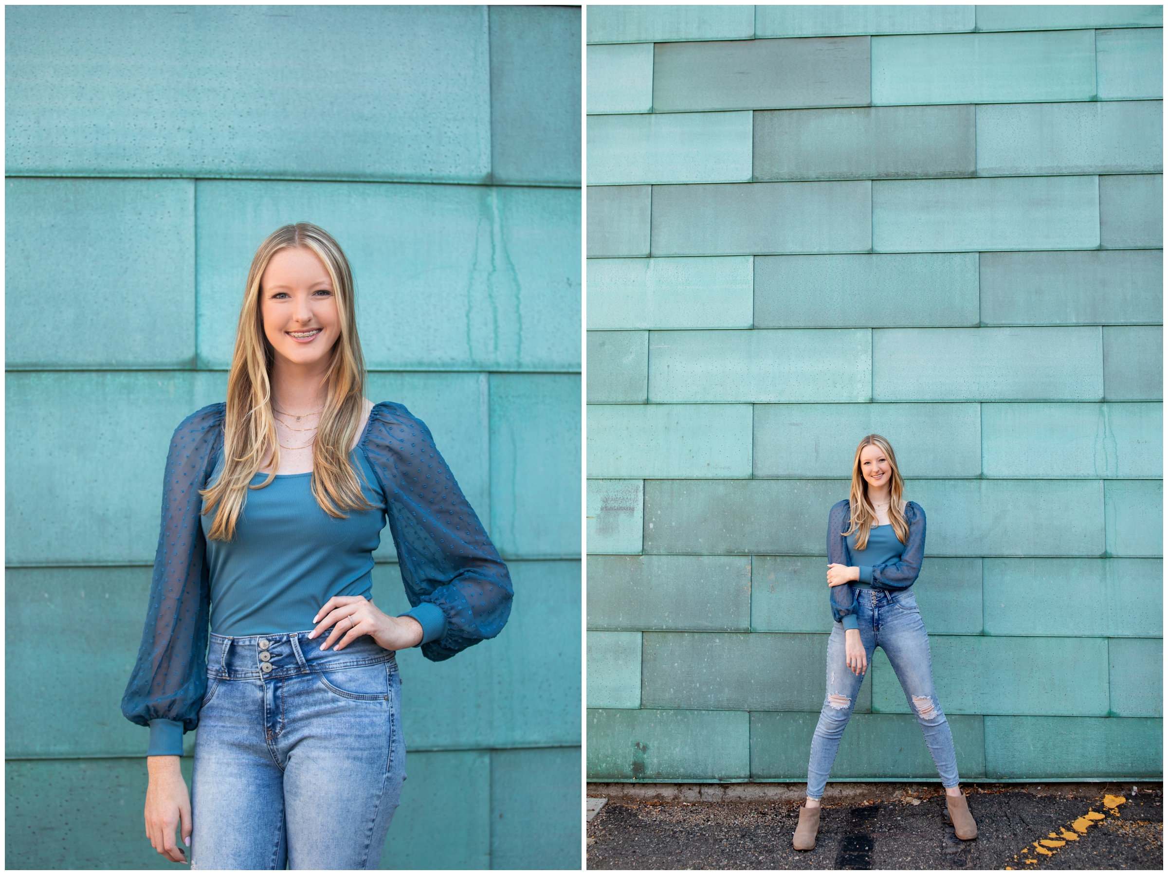 teen posing in front of aqua wall during urban senior pictures in Denver Colorado