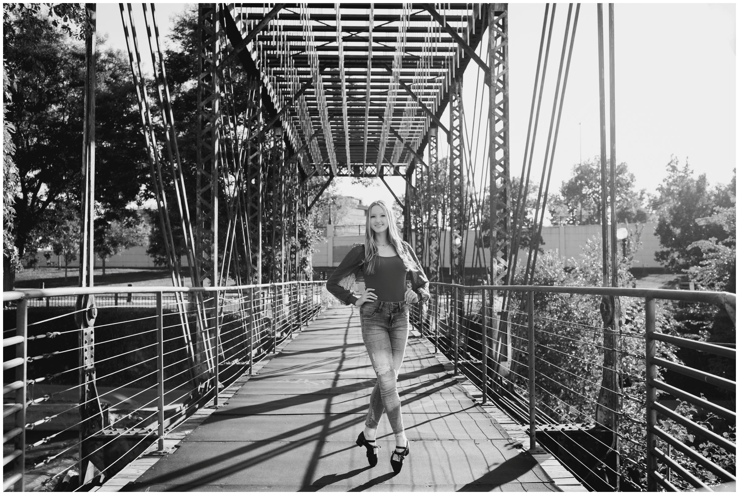 irish step dancer photo shoot in downtown denver on Cherry Creek Railroad Bridge