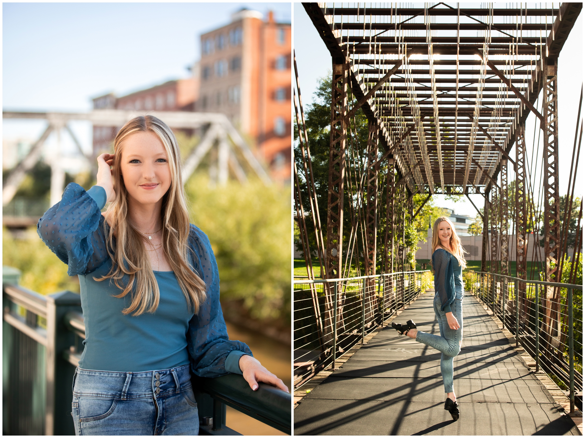 teen posing in Irish step dance shoes on bridge during Denver Colorado senior photos 